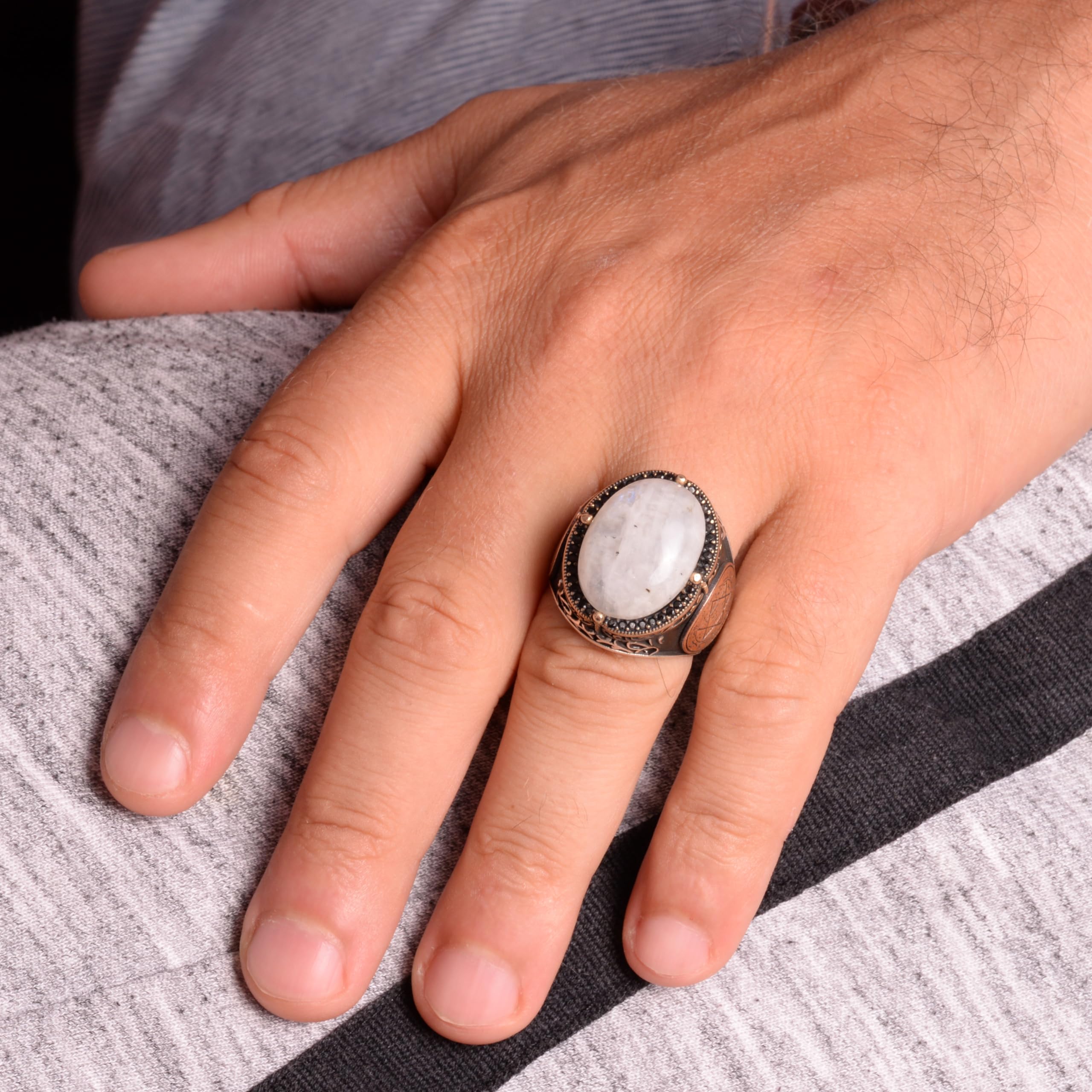 KAMBO Siegel des Salomon Ring, Mondstein Edelstein Ring - Mystischer 925K Massiver Sterling Silber Herrenring - Mondstrahlung Design, Silberedelstein, Mondstein, Silberner Edelstein, Mondstein