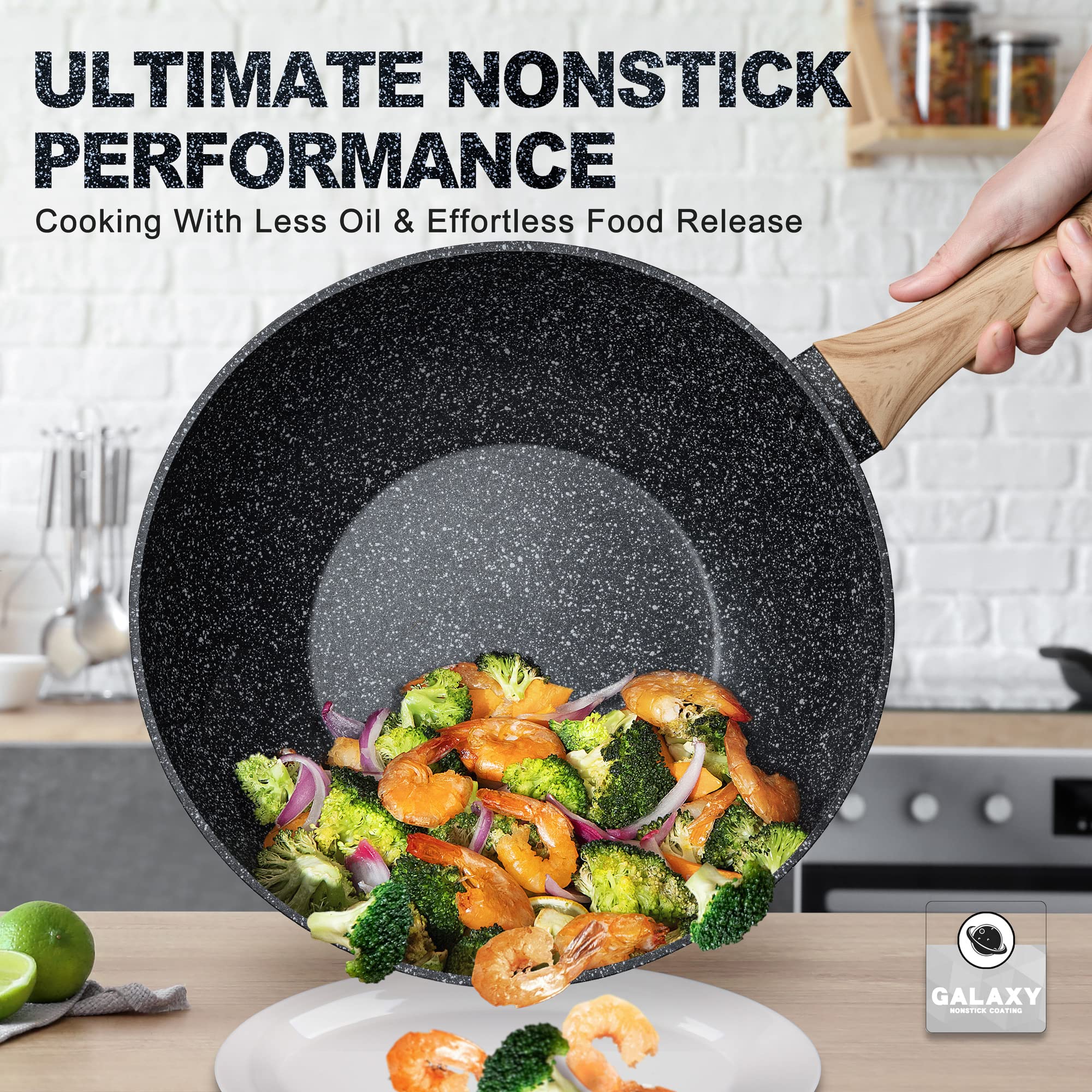 MICHELANGELO Wok 28 cm, nieprzywierający wok z pokrywką, woki 28 cm z koszem do smażenia i zestawem do gotowania na parze, głęboka patelnia, woki i patelnie do smażenia