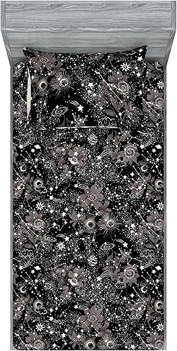 Miniatura 46 de Ambesonne Floral Fitted Sheet & Pillow Sham Set, Retro Wave Inspired Flower Motif with Space Inspired Effects Print, Decorative Printed 3 Piece Dark