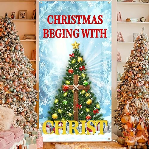 Miniatura 4 de Pancarta de cubierta de puerta de Navidad con cruz religiosa para puerta, decoración de Navidad comienza con Cristo, decoración de telón de fondo