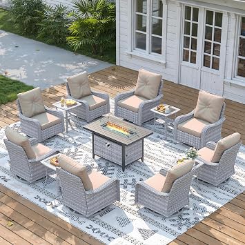 13 Piece Wicker Patio Furniture Set with 55,000 BTU Fire Pit Table, Swivel Rocking Chairs, 4Cushions, PE Rattan, Wind Guard Glass, for Backyard, Deck or Balcony, Beige