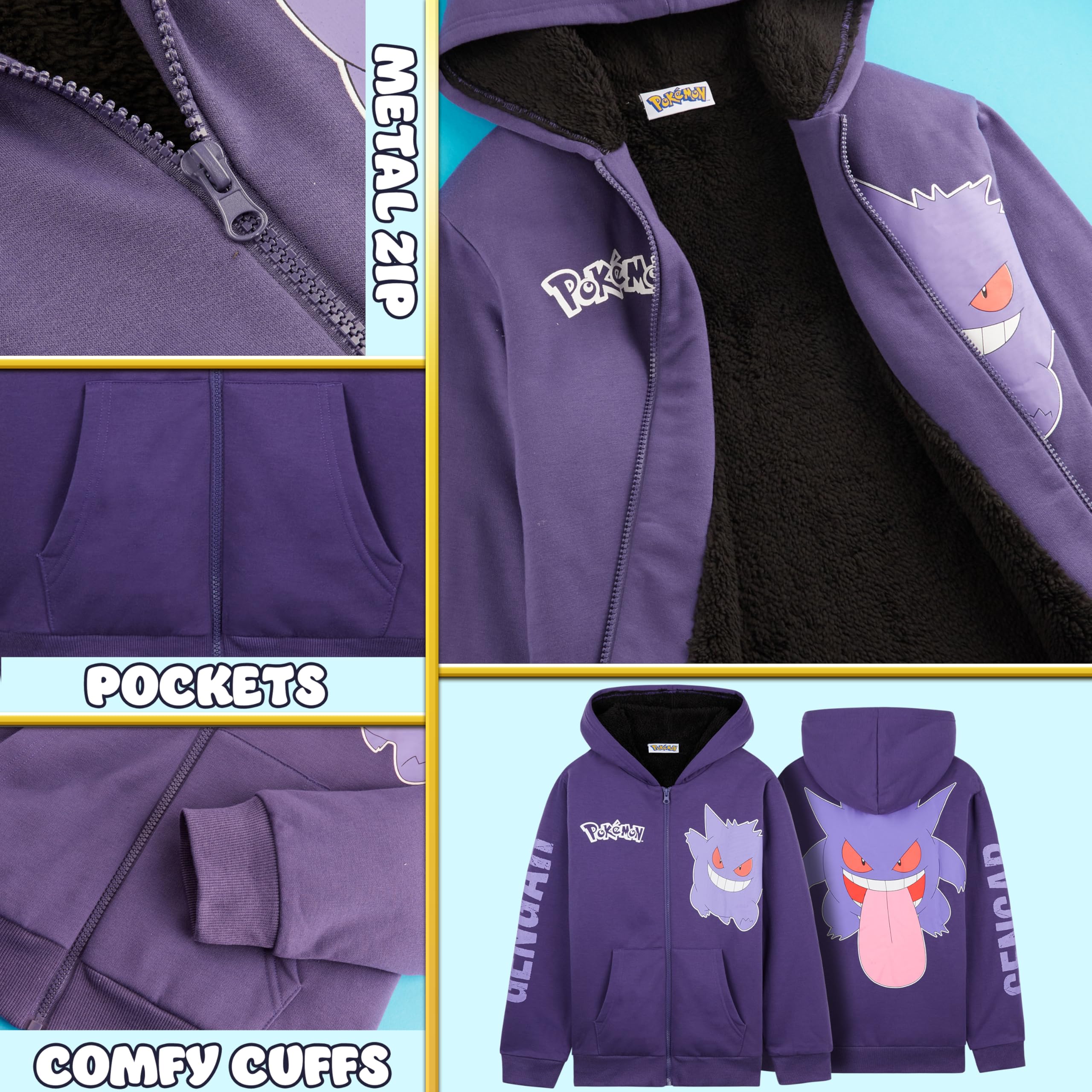 Pokémon Sudadera Cremallera Niños 7-14 Años, Pikachu Charizard Mewtwo Gengar, Chaqueta Capucha Forro Polar, Regalos Anime