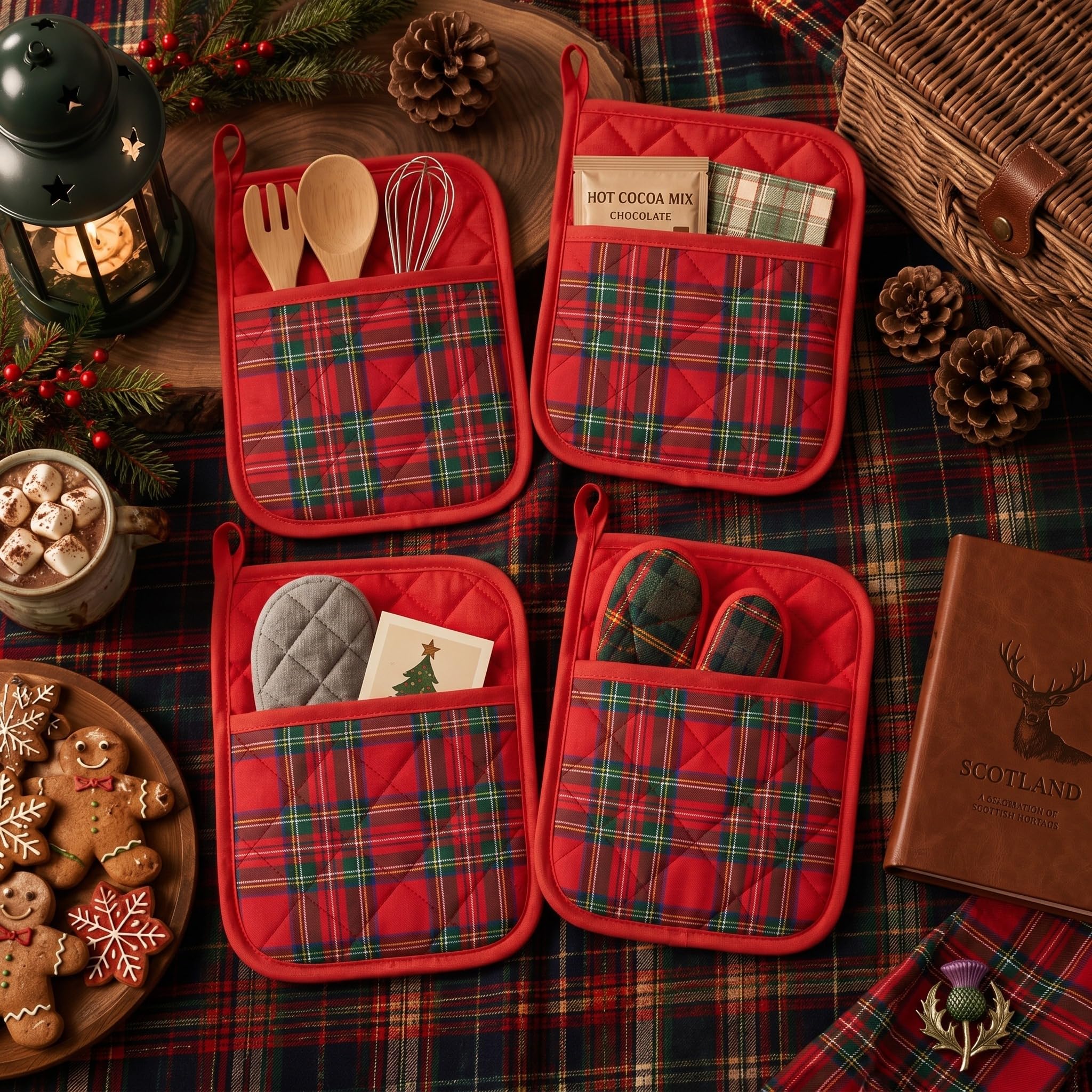 WILLBOND Lot de 12 maniques de Noël avec poche pour cuisine - Résistants à la chaleur - Pour la cuisson (rouge, vichy rouge)
