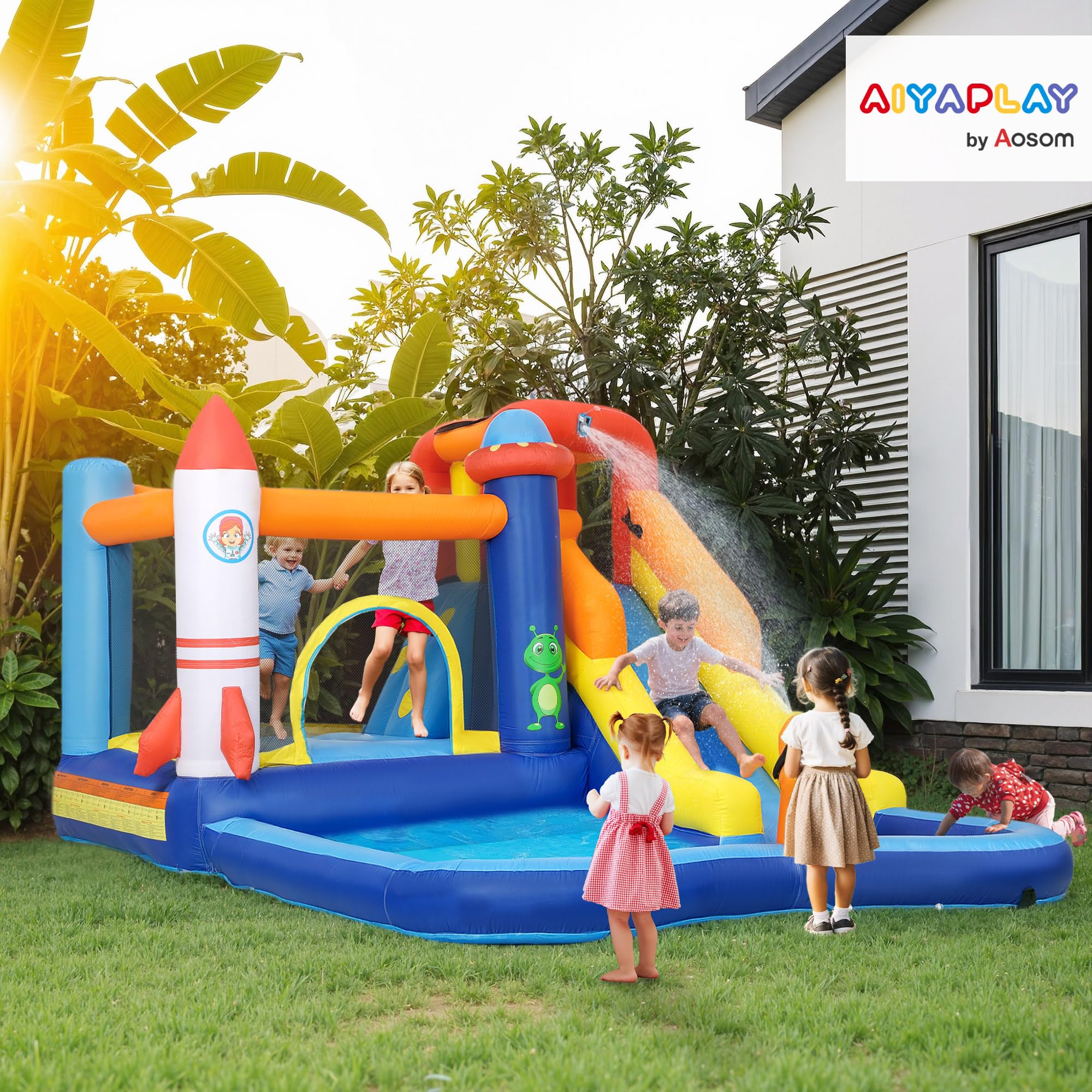 AIYAPLAY Hüpfburg mit Gebläse, Aufblasbare Wasserpark mit Rutsche, Planschbecken, Kletterwand, Sprung, Wasserkanone, Tragetasche Wasserspielcenter für Kinder 3-8 Jahren, 360 x 250 x 195 cm