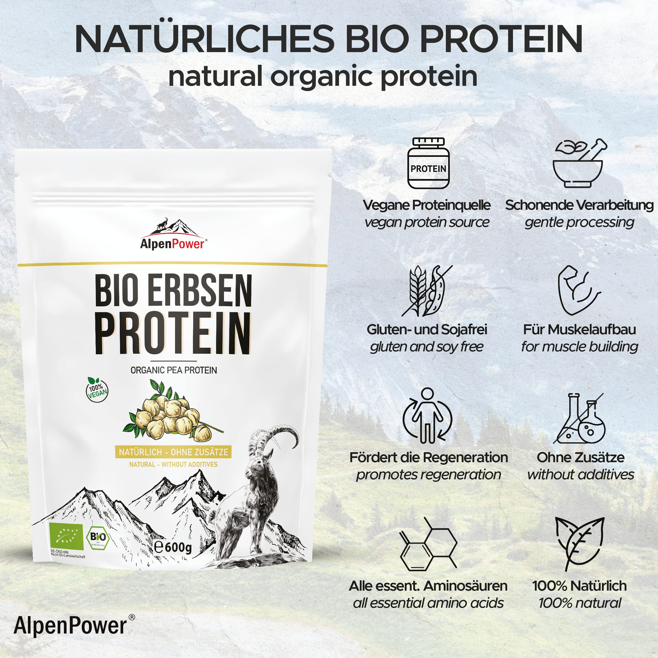 AlpenPower BIO Protéine de Pois 600 g - Isolat de protéines de pois 100% pur - Sans additifs - Végétalien et polyvalent - Poudre de protéines de haute qualité avec 85% de protéines