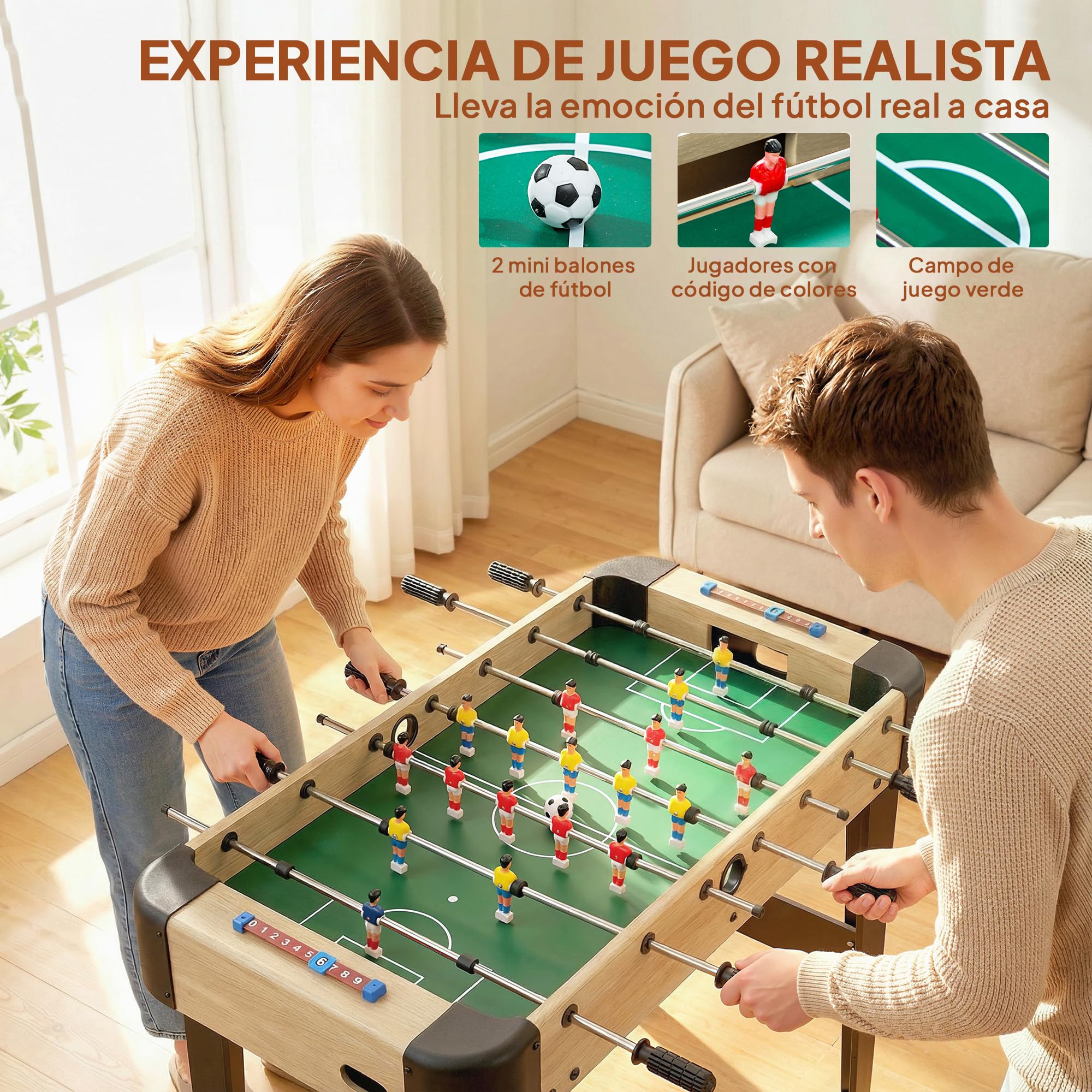 SPORTNOW Futbolín para Niños de Madera, Mesa de Futbolín con 2 Marcadores, 8 Asas, 22 Jugadores, 8 Barras y 2 Bolas, Regalo para Adultos, Familias, Fiestas, 92x75x71 cm, Natural