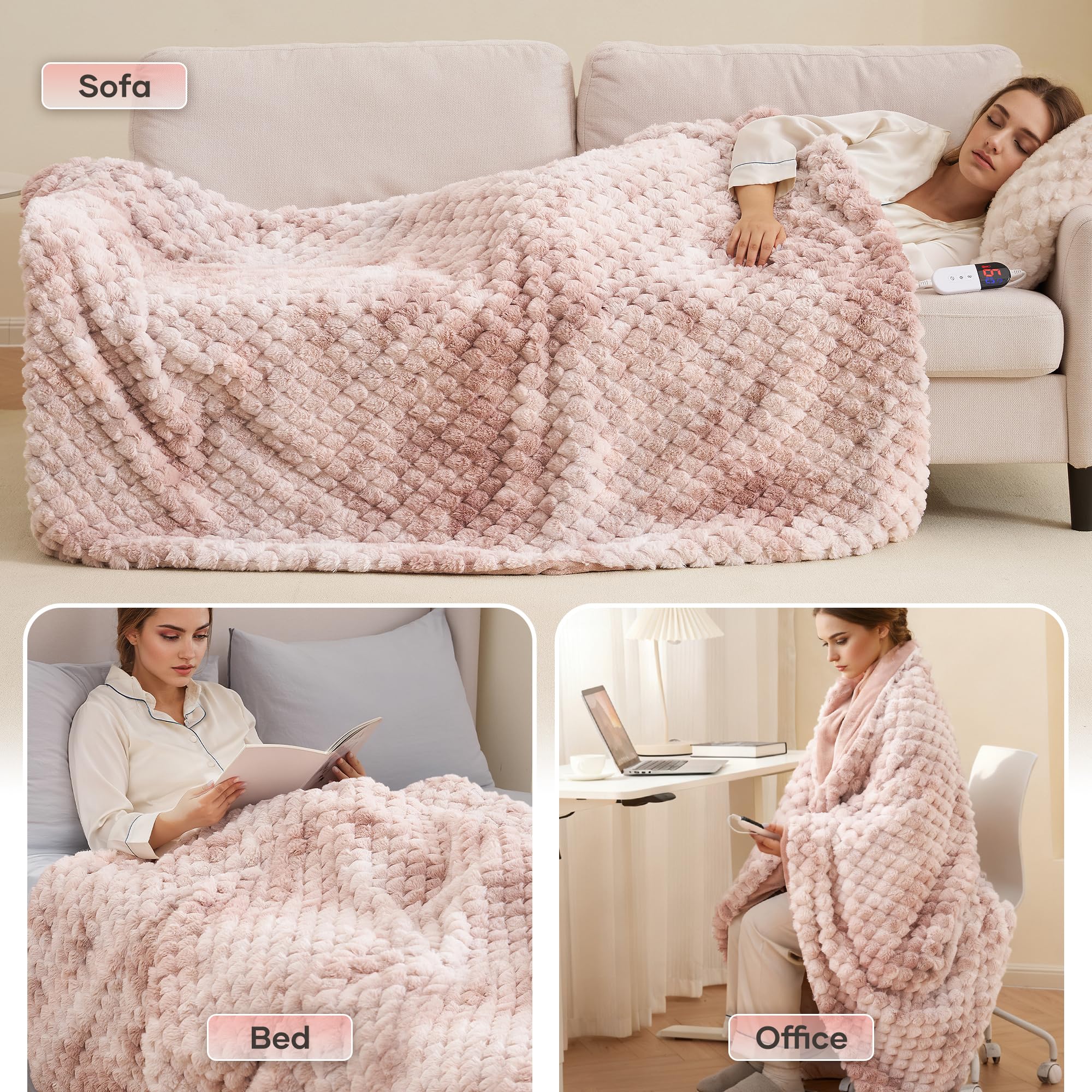 CURECURE Coperta Elettrica Riscaldante 130x180 cm, Jacquard 3D a Petalo in Peluche di Coniglio & Flanella, 6 Livelli di Calore & Spegnimento Automatico 1-10H, Lavabile per Letto/Divano/Ufficio (Rosa)