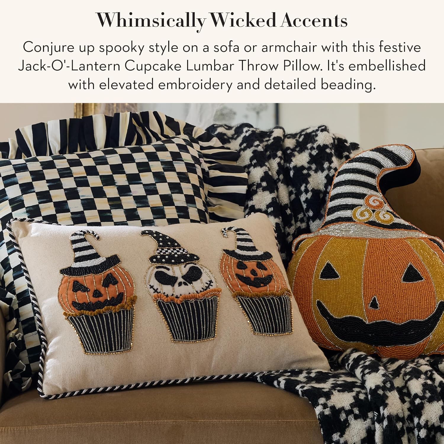 MACKENZIE-CHILDS Lumbar Throw Pillow, Decorative Cotton Pillow for Halloween, 14x20, Jack-O'-Lantern Cupcake