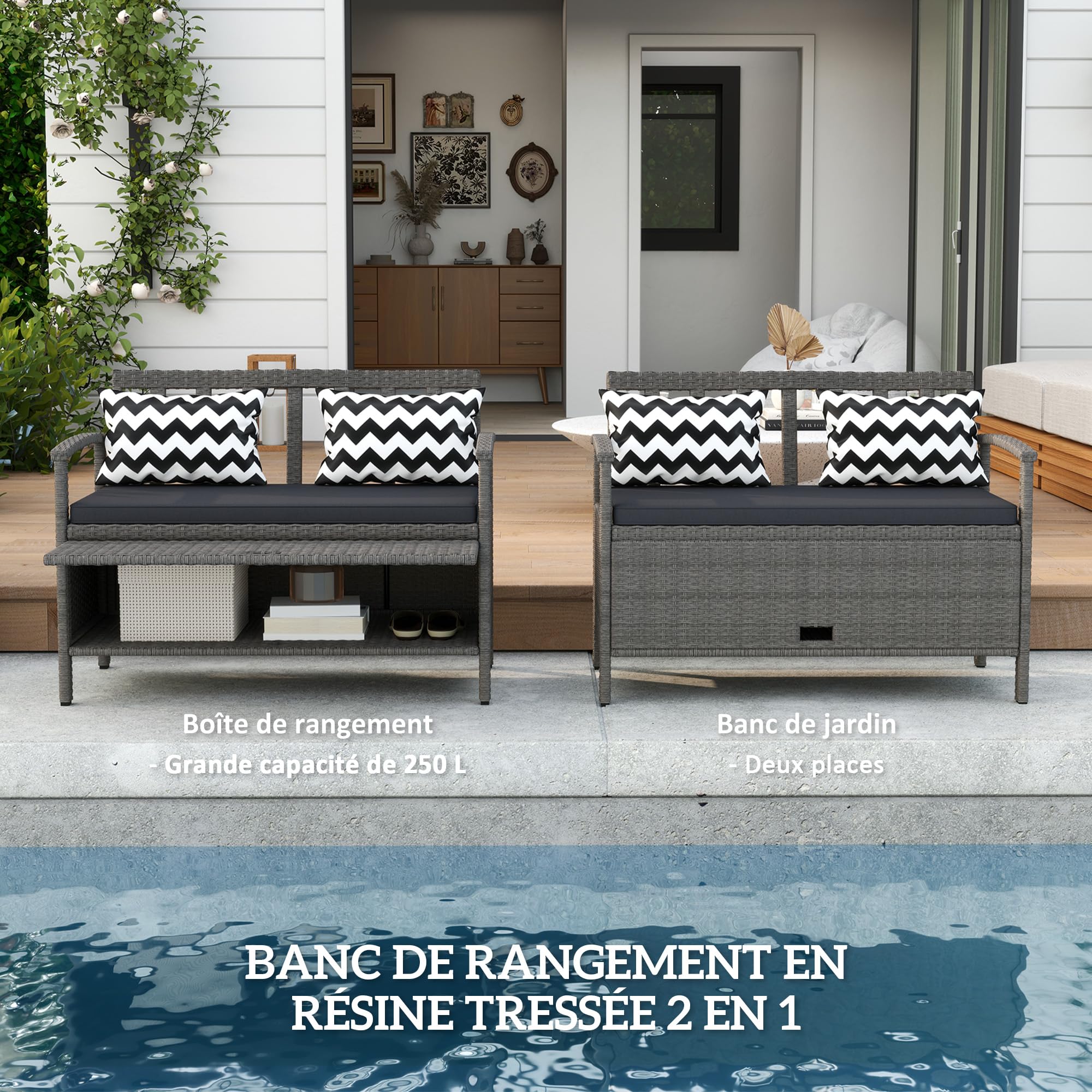 Outsunny Banc Extérieur Jardin 2 Places Banc de Rangement 160L 112 cm Gris | en Rotin PE, avec Coussin, 2 Oreillers, Cadre en Acier