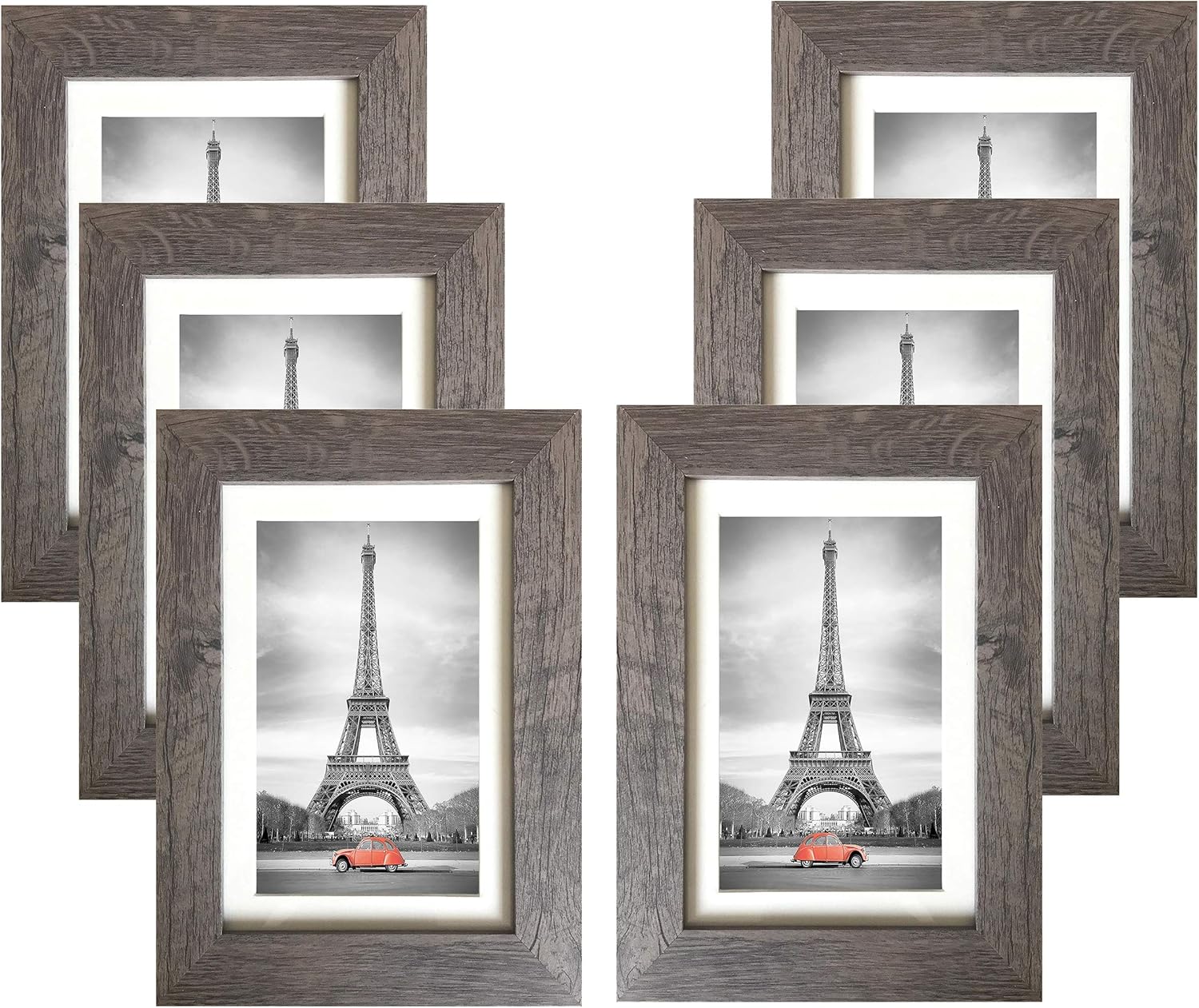 Art Emotion Rustic Oak Style Farmhouse Wood Grain Picture Frame, 2MM Reinforced Glass (Dark Oak, 5x7 with 4x6 Opening), Horizontal or Vertical Display, Pack of 6 Dark Oak 5x7 with 4x6 Opening