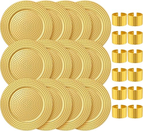 Miniatura 1 de 12 platos redondos con 12 servilleteros de 13 pulgadas, redondos, brillantes, metálicos, platos martillados de plástico para cenas, bodas,