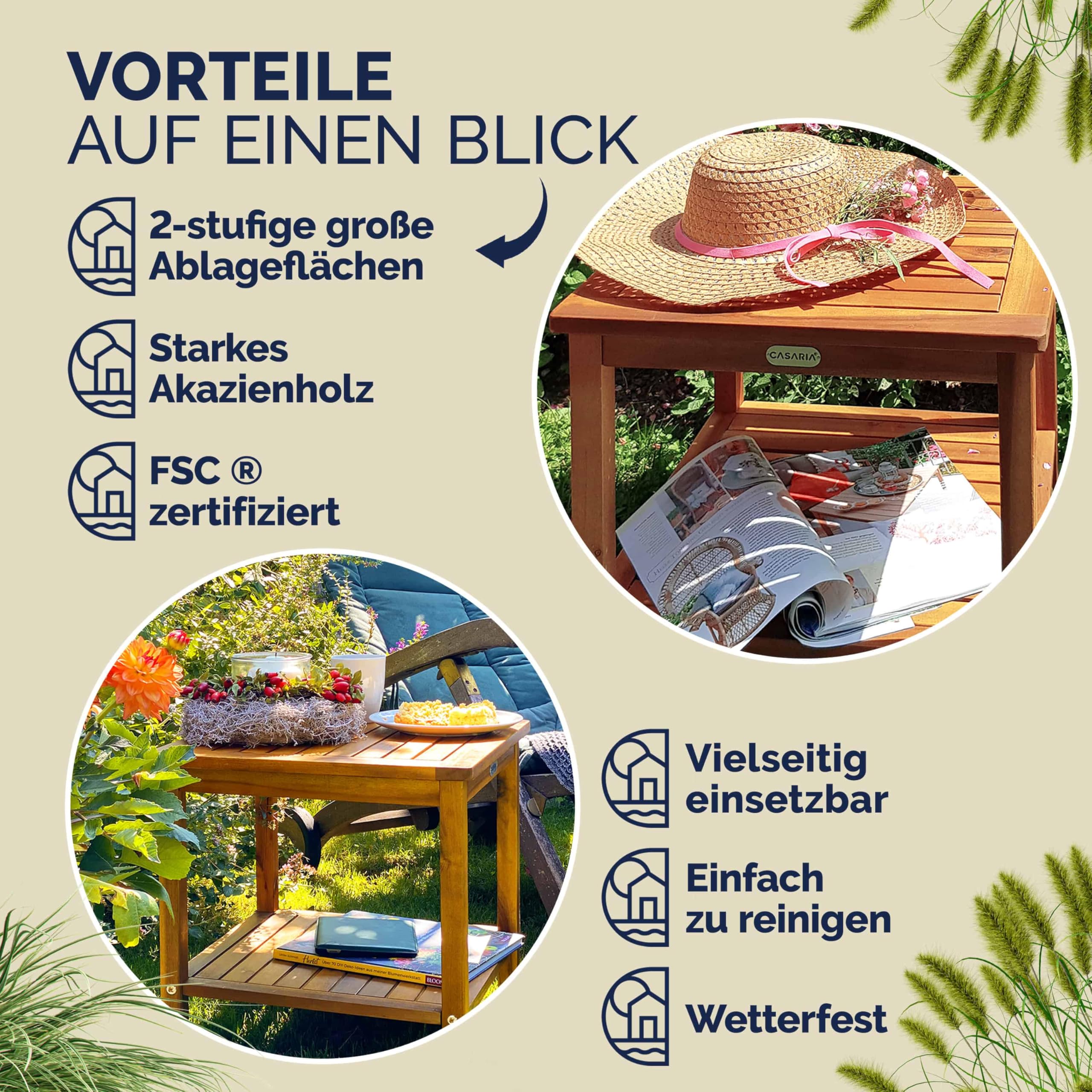 Casaria® Gartentisch Wetterfest Holz 2 Ablageflächen FSC®-Zertifiziert 80kg Belastbarkeit 45x45cm Balkon Garten Tisch Beistelltisch Gartenmöbel Akazie