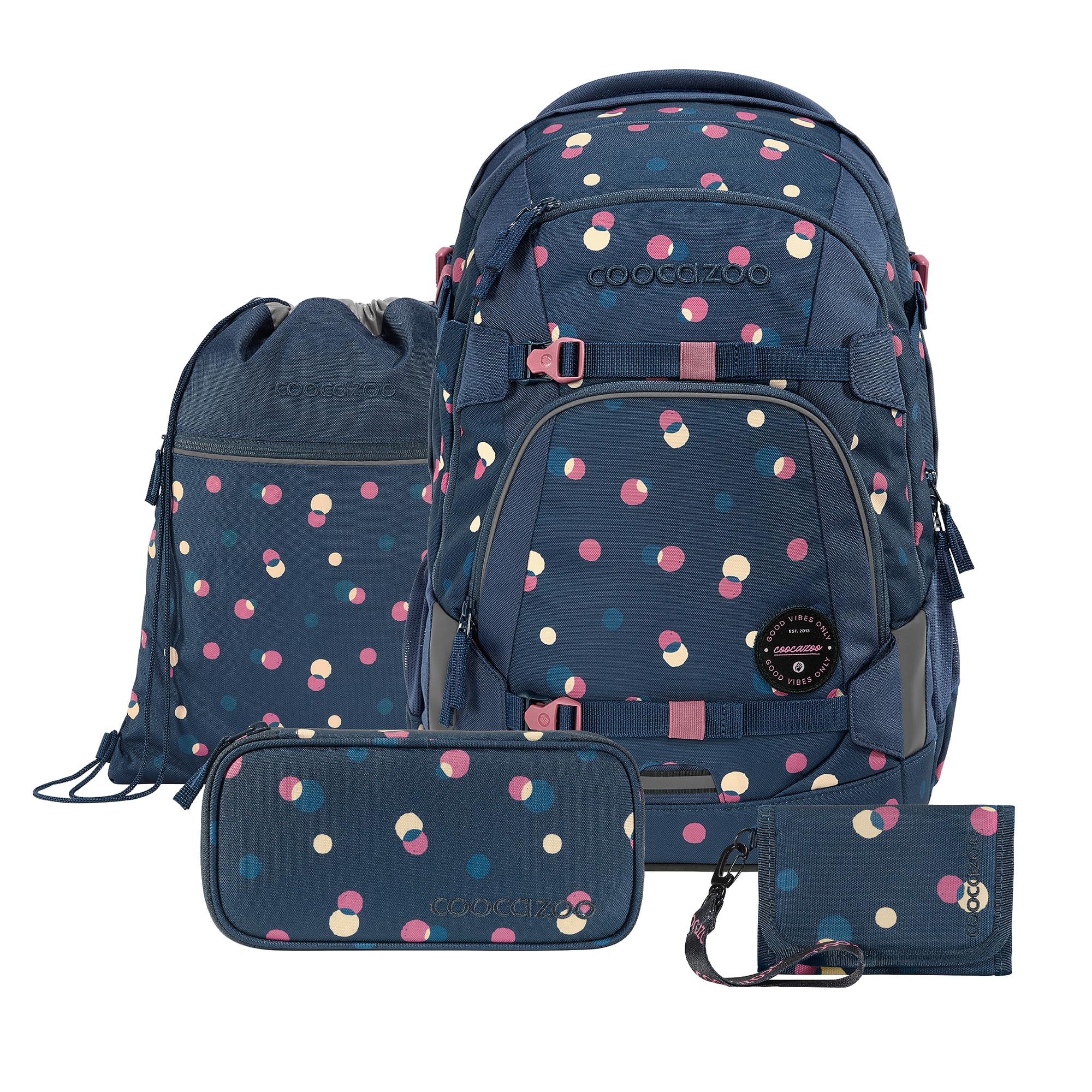 Coocazoo Schulrucksack-Set MATE „Bubble Dreams“ 4-tlg., schwarz, ergonomischer 30L Tornister, höhenverstellbar mit Hüftgurt für Kinder ab der 5. Klasse, inkl. Federmäppchen, Turnbeutel und Geldbörse