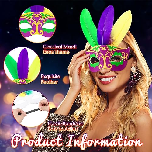 Miniatura 3 de 100 máscaras de Mardi Gras a granel para carnaval, desfile de carnaval, máscara de fieltro morada para fiesta de máscaras con plumas para hombres,