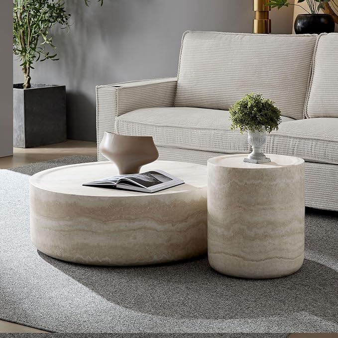 JUSTONE Set of 2 Round Coffee Tables for Living Room, Faux Mars Pattern Modern Minimalist Side Tables Accent End Table End Table for Apartment,Office,Marble