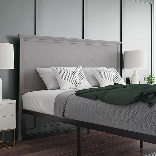 EMMA + OLIVER Frenti Cabecera de madera tamaño Queen, cabecero ajustable con patrón de espiga en color gris lavado