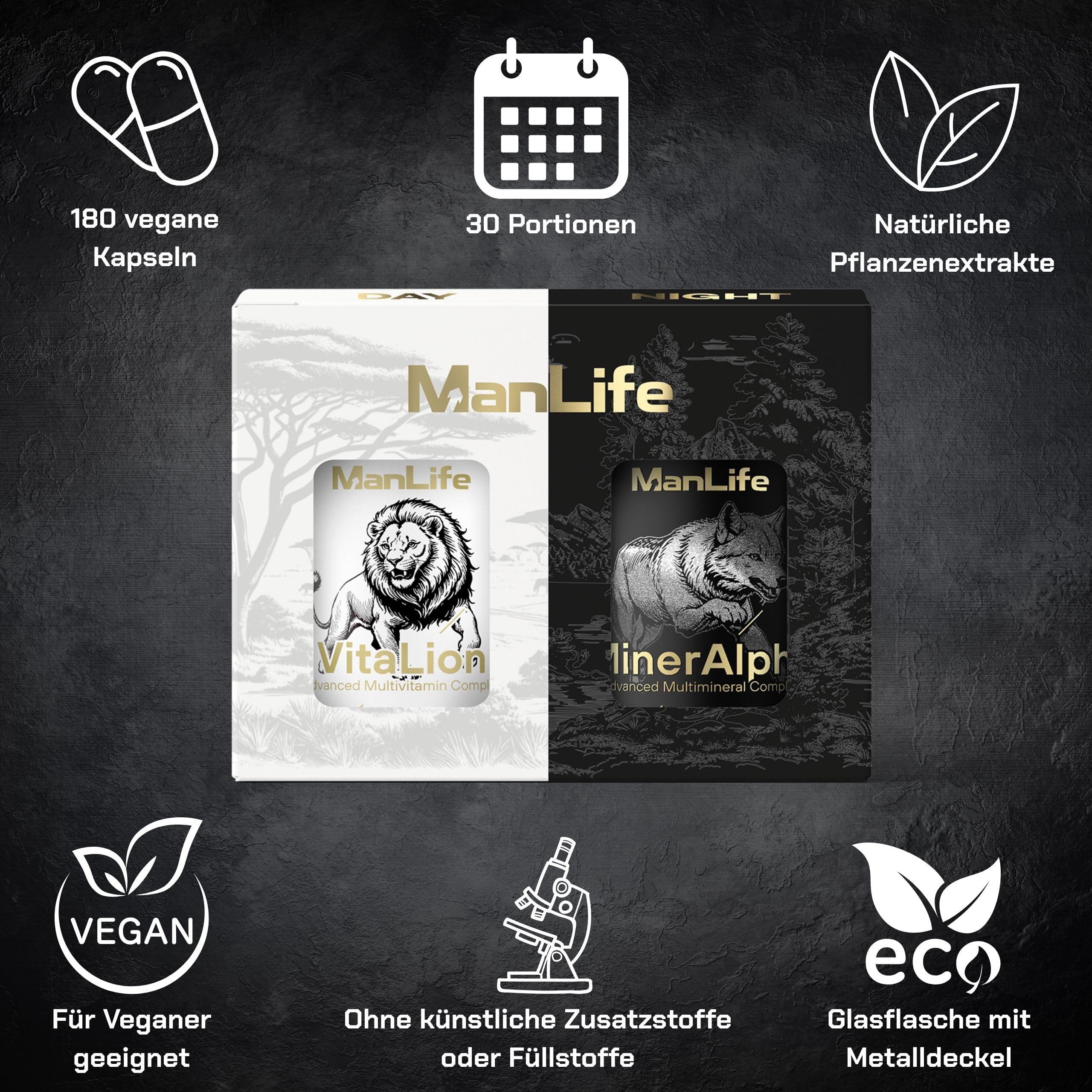 Multivitamin & Mineral Komplex für Männer – D3, K2, B-Komplex, Magnesium, Zink - VitaLion&MinerAlpha ManLife 180 vegane Kapseln