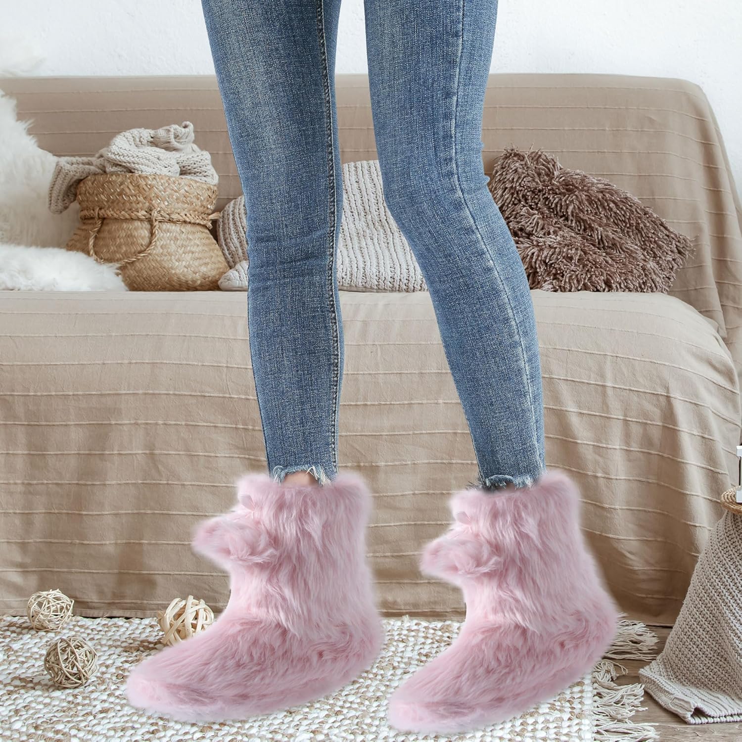 Furry Plush Slipper Booties for Women Warm Fur House Slippers with Anti-slip Sole Home Bedroom Indoor House Boots - Image 2