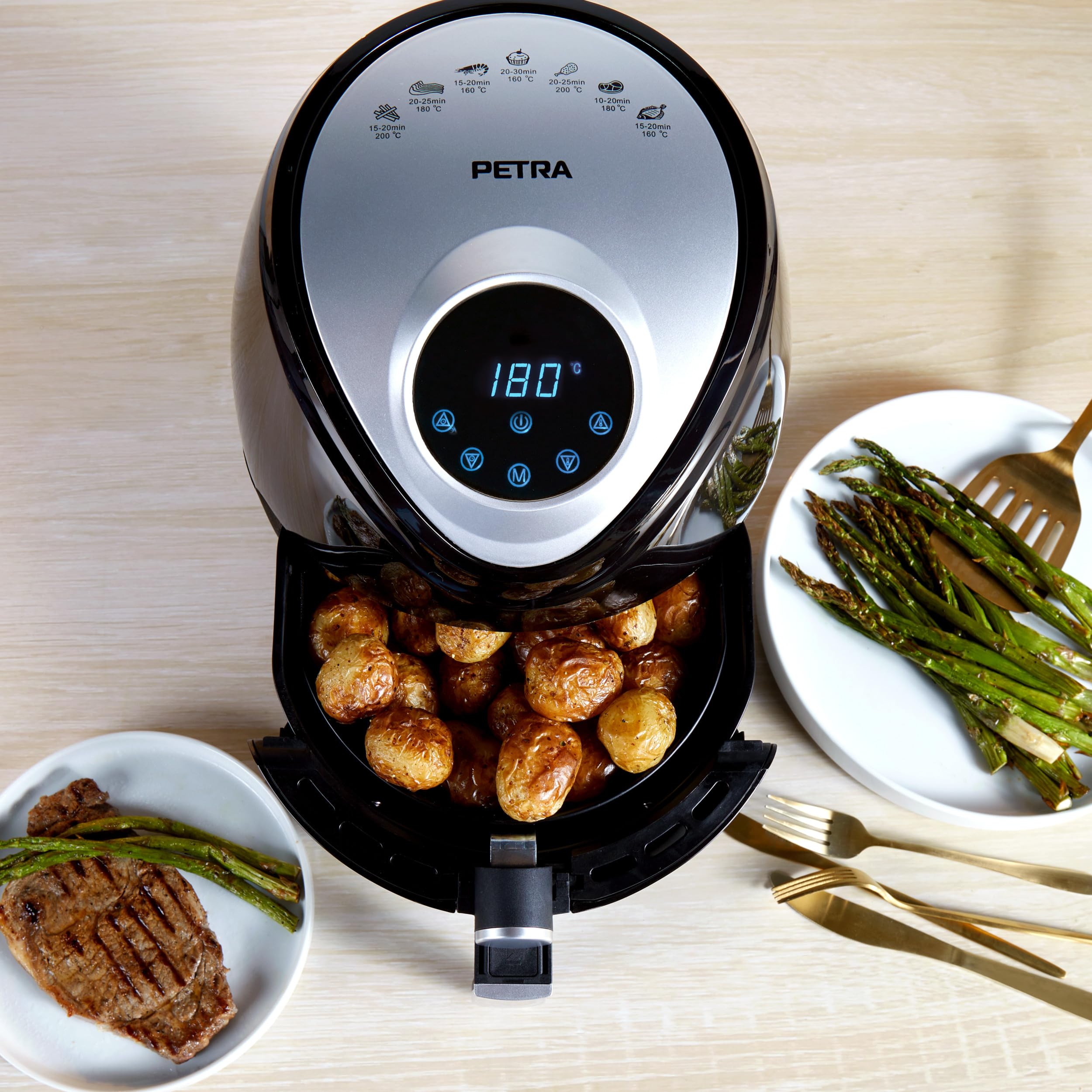 Petra PT4221VDEEU7 Freidora De Aire Eléctrica Sin Aceite, Convección de Aire Caliente, 4,5 Litros, Recipiente Antiadherente, Temporizador De 30 Minutos, 7 Funciones, Pantalla Táctil, 1300 W, Negro | Cesta extraíble antiadherente, hasta 200 °C, temporizado