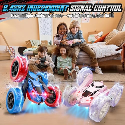 Vista 66 de Auto de control remoto para niños, auto de acrobacias RC giratorio de 360°, vehículo eléctrico 4WD de doble cara con luces LED, autos de juguete