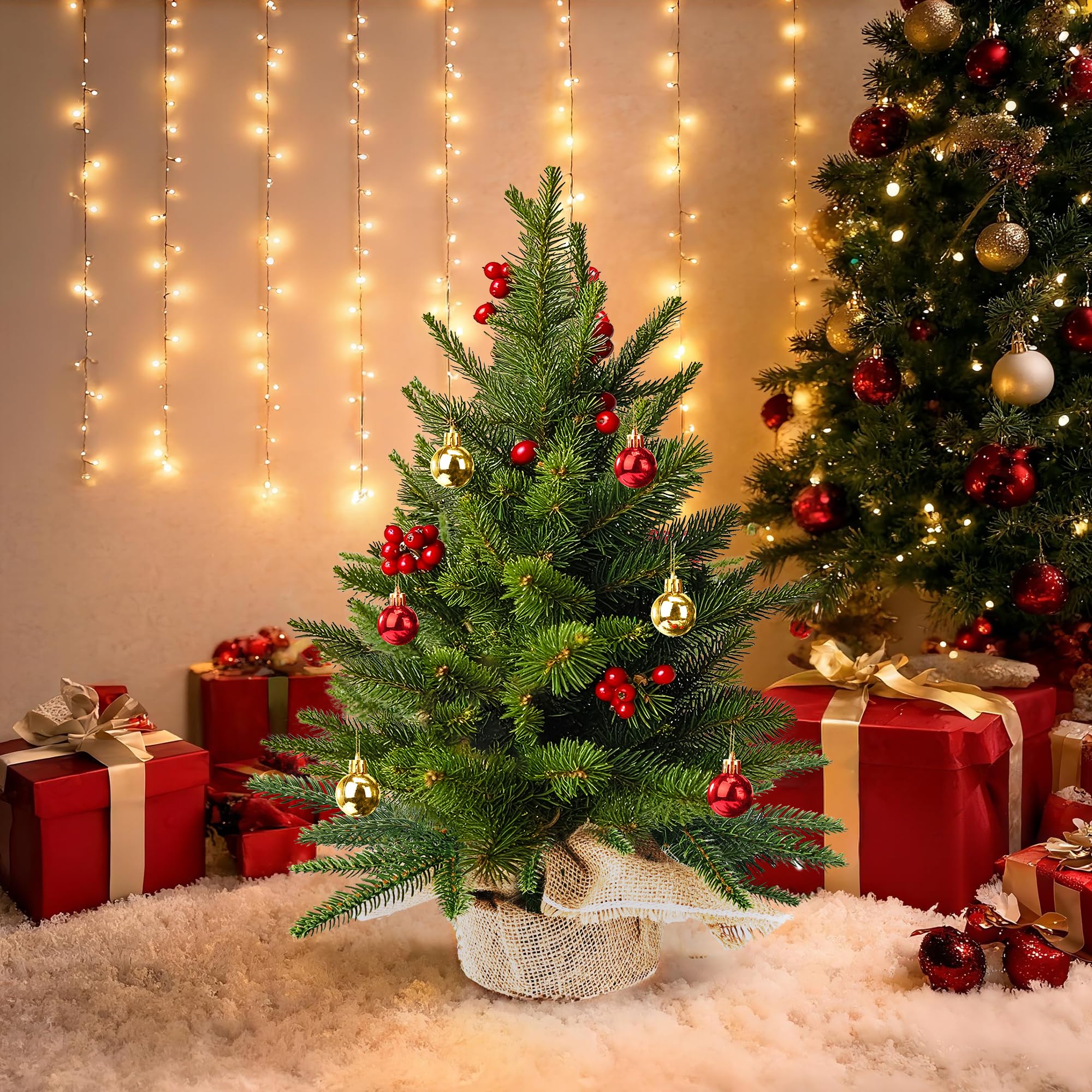 Mini Weihnachtsbaum 60cm, PhilzOps Künstlicher Tannenbaum Innen Klein Weihnachten Tisch Geschmückt Christbaum mit Rote Beeren und Weihnachtskugeln Kunstlich Baum Geschenk für Weihnachtsdeko Büro Haus Beleuchtung