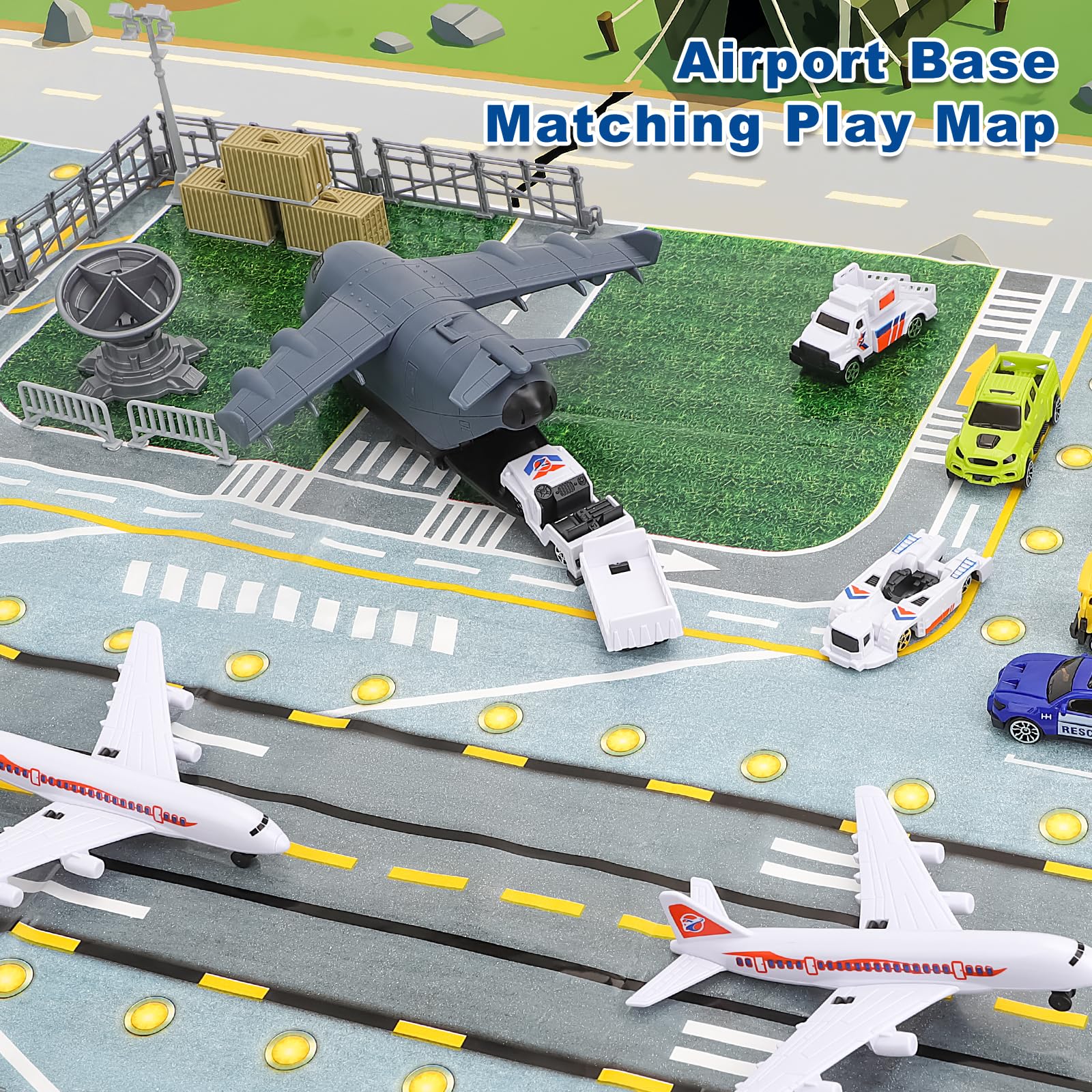 deAO Flugplatz Toy Strap Karte, Inkl. Gebäude des Flughafenterminals, Radarturm, 11 Verkehrsträger: Gepäckwagen, Polizeifahrzeuge, Verkehrsflugzeug, Straßensperre, Bodenpersonal für Kinder von 3–12