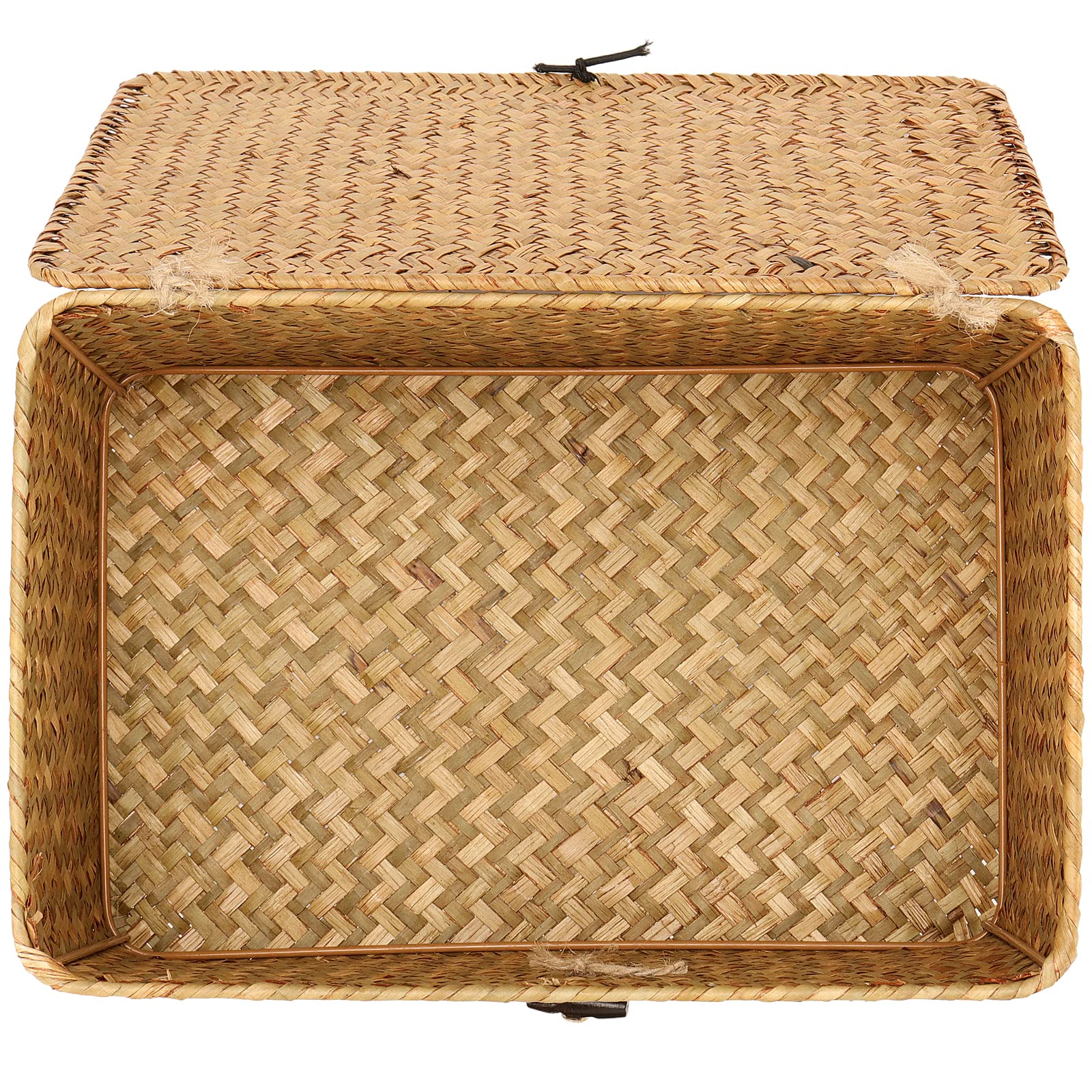 SEUNMUK Set di 3 cestini portaoggetti in alga marina con coperchio, rettangolari in rattan intrecciato a mano, organizer per la casa e decorazione, picnic, campeggio, viaggi, giallo