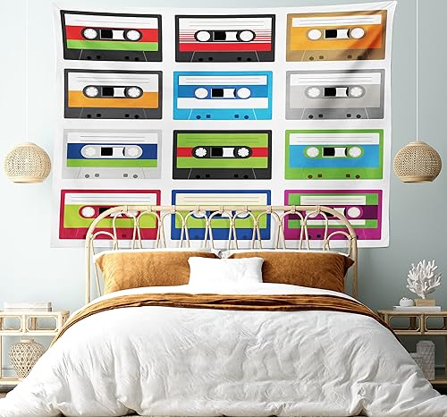 Miniatura 5 de Ambesonne Tapiz de los años 90, composición de cintas de audio de plástico retro, tema de entretenimiento de tecnología antigua, colgante de pared