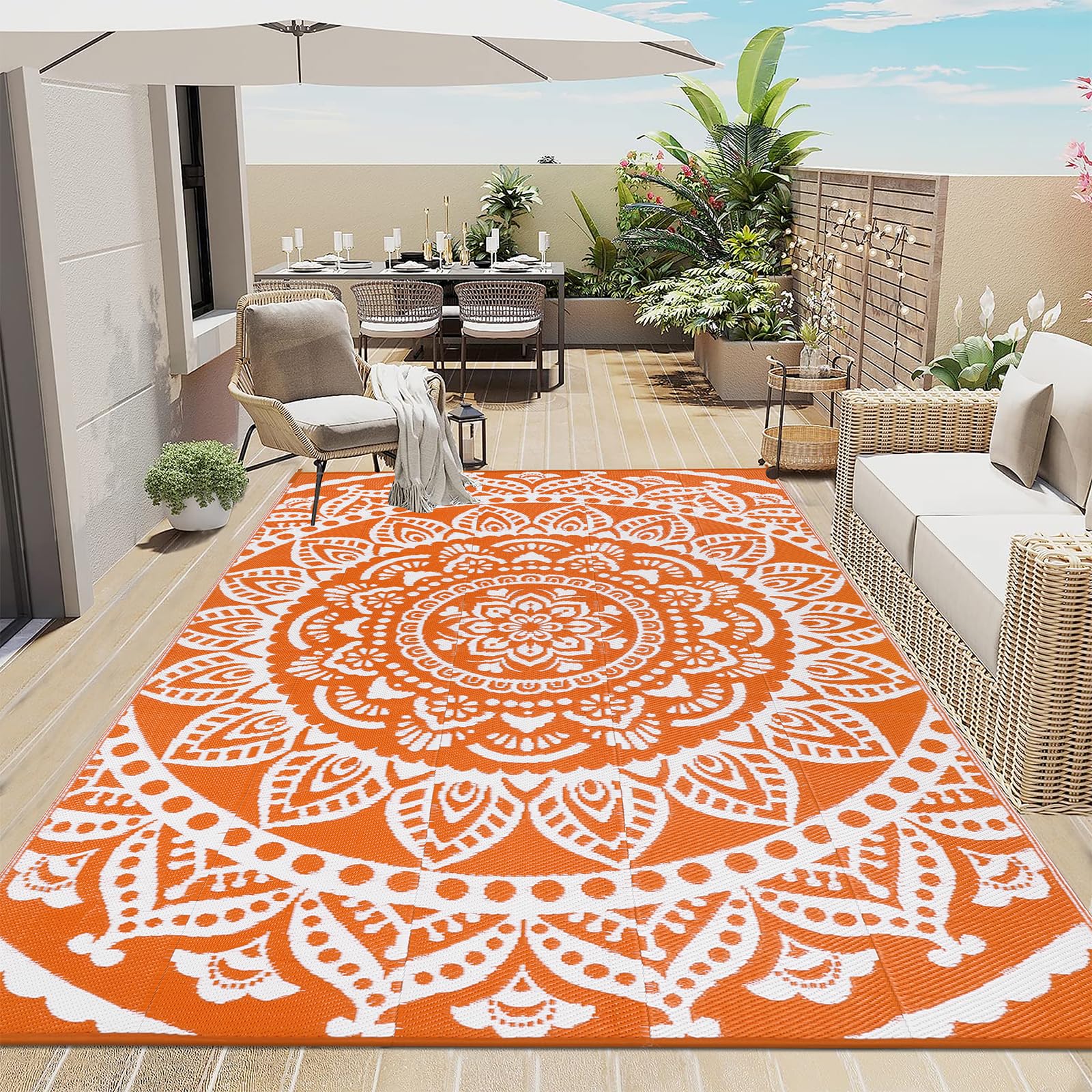 Bsmathom Waterproof Outdoor Rug 6'x9' Reversible Boho Plastic Straw Patio Deck Camping Rugs, Indoor Outdoor Portable RV Mat Clearance Carpet for Outside, Porch, Balcony, Backyard, Beach, Pool,Orange