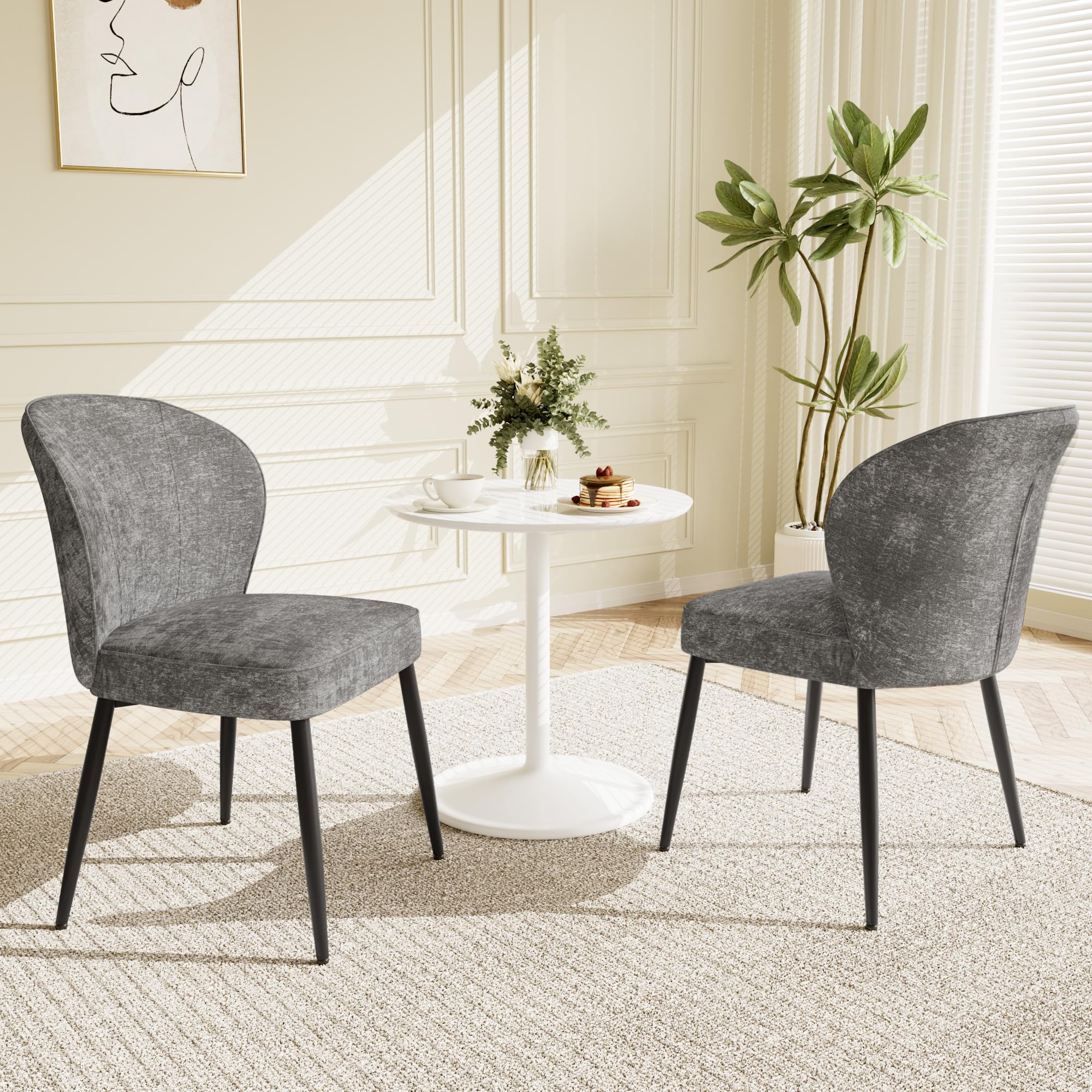 HIPIHOM Dining Chairs Set of 2, Modern Fabric Dining Room Chairs with Curved Backrest Well-Padded Seat, Upholstered Kitchen Chairs for Living Dining