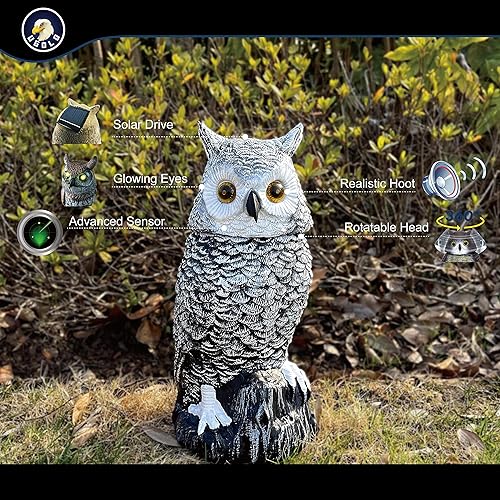 Miniatura 2 de Ugold Búho de nieve alimentado por energía solar con ojos brillantes, cabeza giratoria, trucos realistas, detección y modo silencioso, escultura de