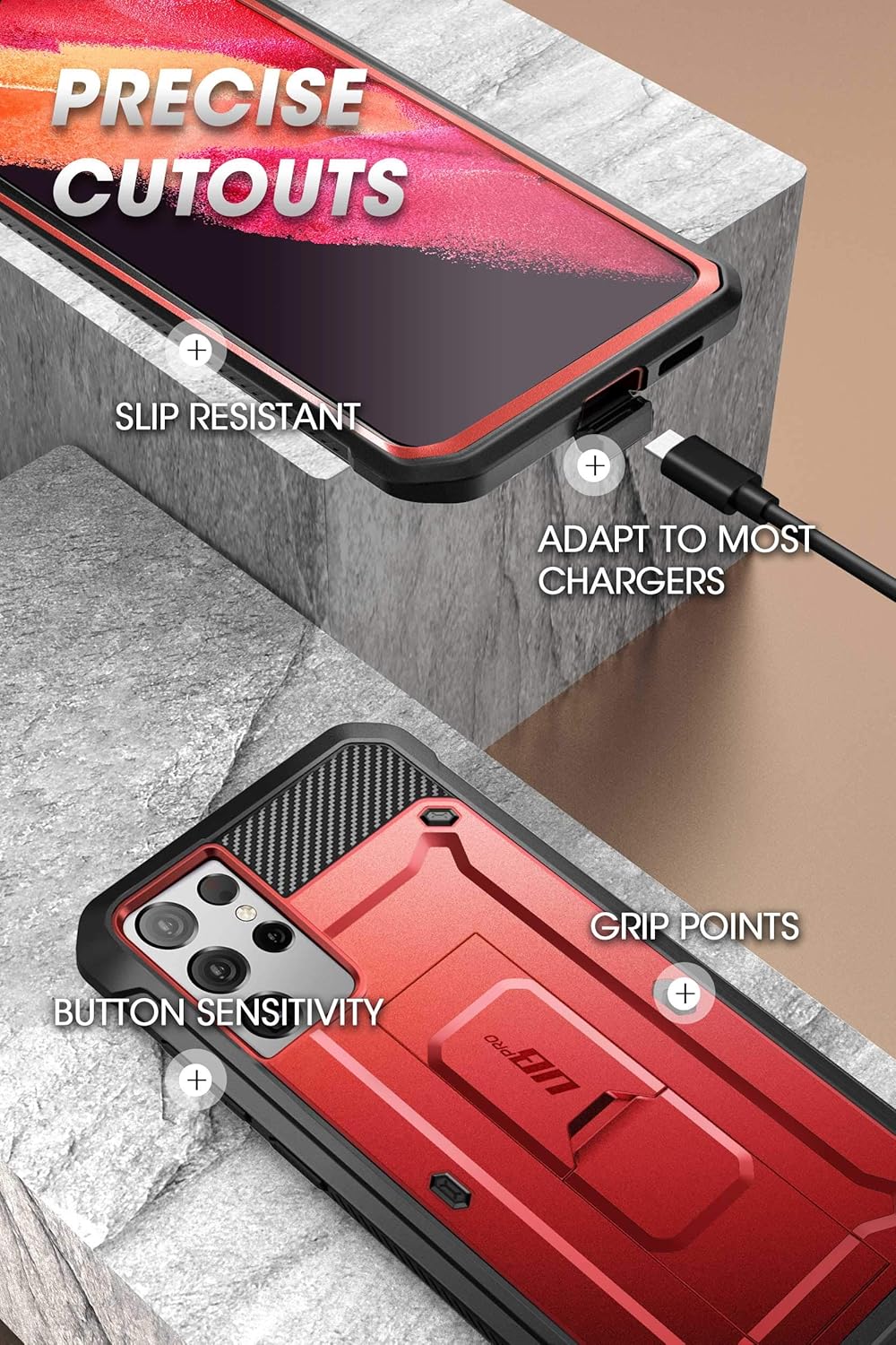 SUPCASE for Samsung Galaxy S21 Ultra Case with Stand (Unicorn Beetle Pro), [Built-in Front Frame & Belt-Clip] [Military-Grade Protection] Full-Body Rugged Phone Case for Galaxy S21 Ultra, Ruddy