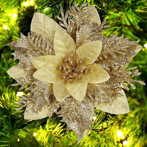 Miniatura 29 de Decoraciones de flores artificiales de Pascua de Navidad, flores de Navidad con brillantina, guirnaldas de árboles de Navidad, adornos para fiestas