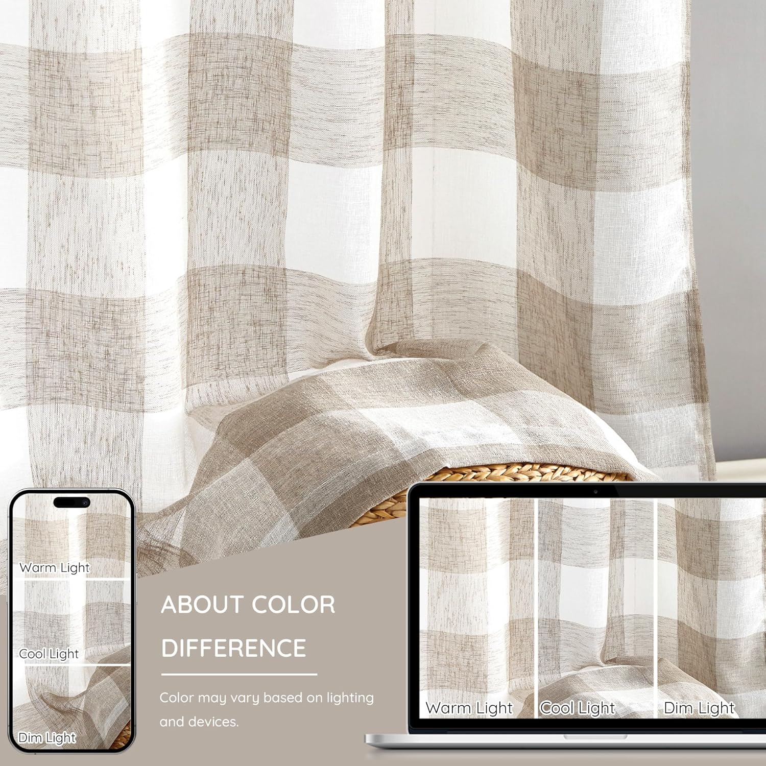 Amzdecor Tan Buffalo Plaid Curtains 84 Inch Long Linen Textured Sheer Panels Buffalo Check Plaid Rod Pocket Rustic Window Treatment Sets for Living Room Bedroom Farmhouse,2 Panels,40'x84'',Tan/Beige