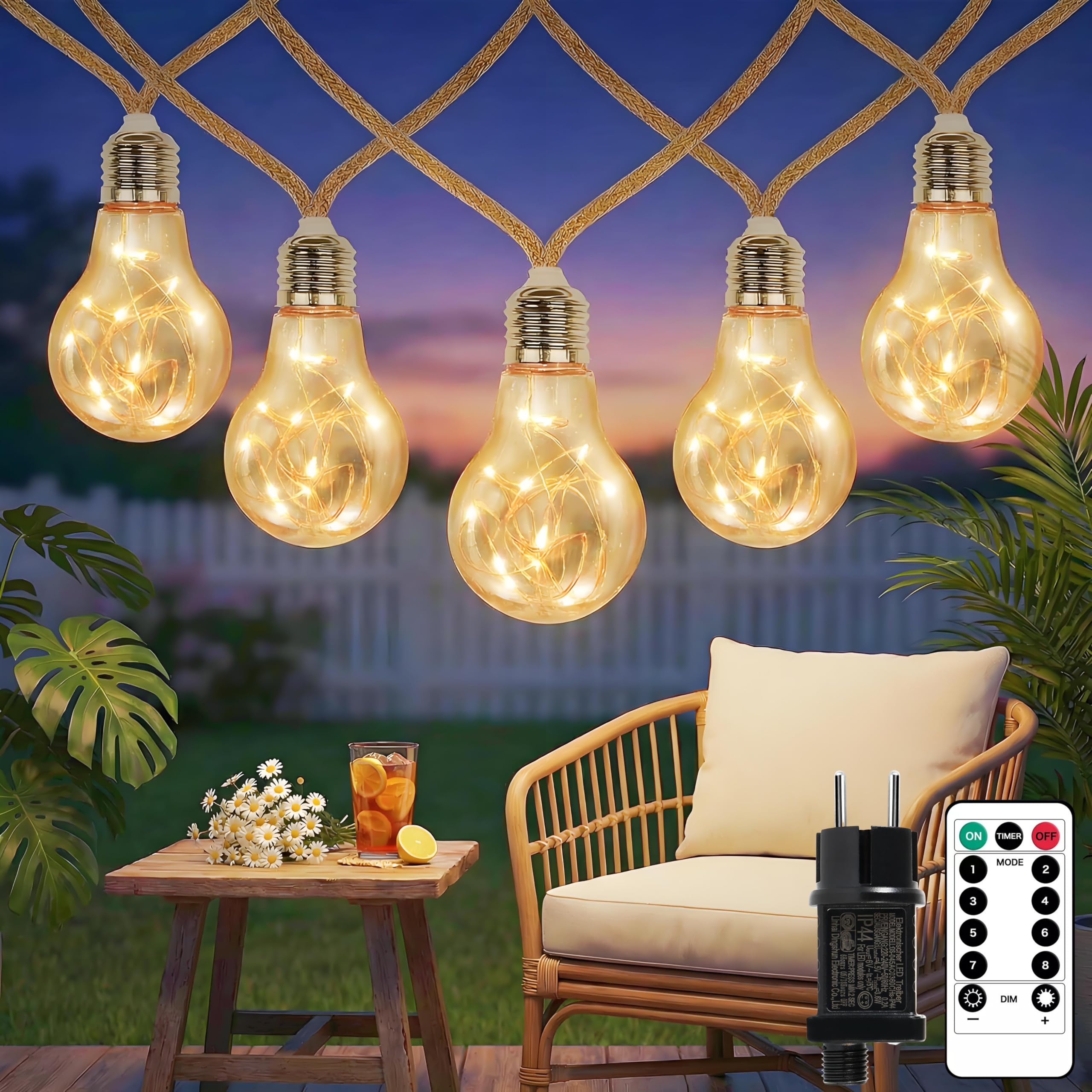 AebeChun Lichterkette Glühbirnen Außen, 7M 20LED Vintage Lichterkette Aussen Strom, Lichterkette Outdoor mit Hanfseil, Wasserdicht 8 Modi Timer für Gärten Balkon Party Hochzeit Deko (Warmweiß)