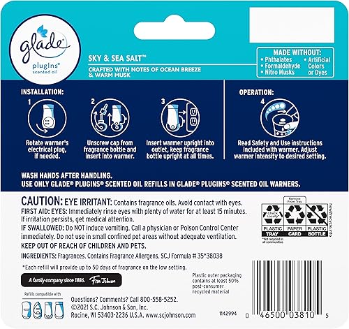 Vista 2 de Glade PlugIns - Repuestos de ambientador, con aceites esenciales y perfumados para el hogar y el baño, Sky & Sea Salt, 3.35 onzas líquidas, 5