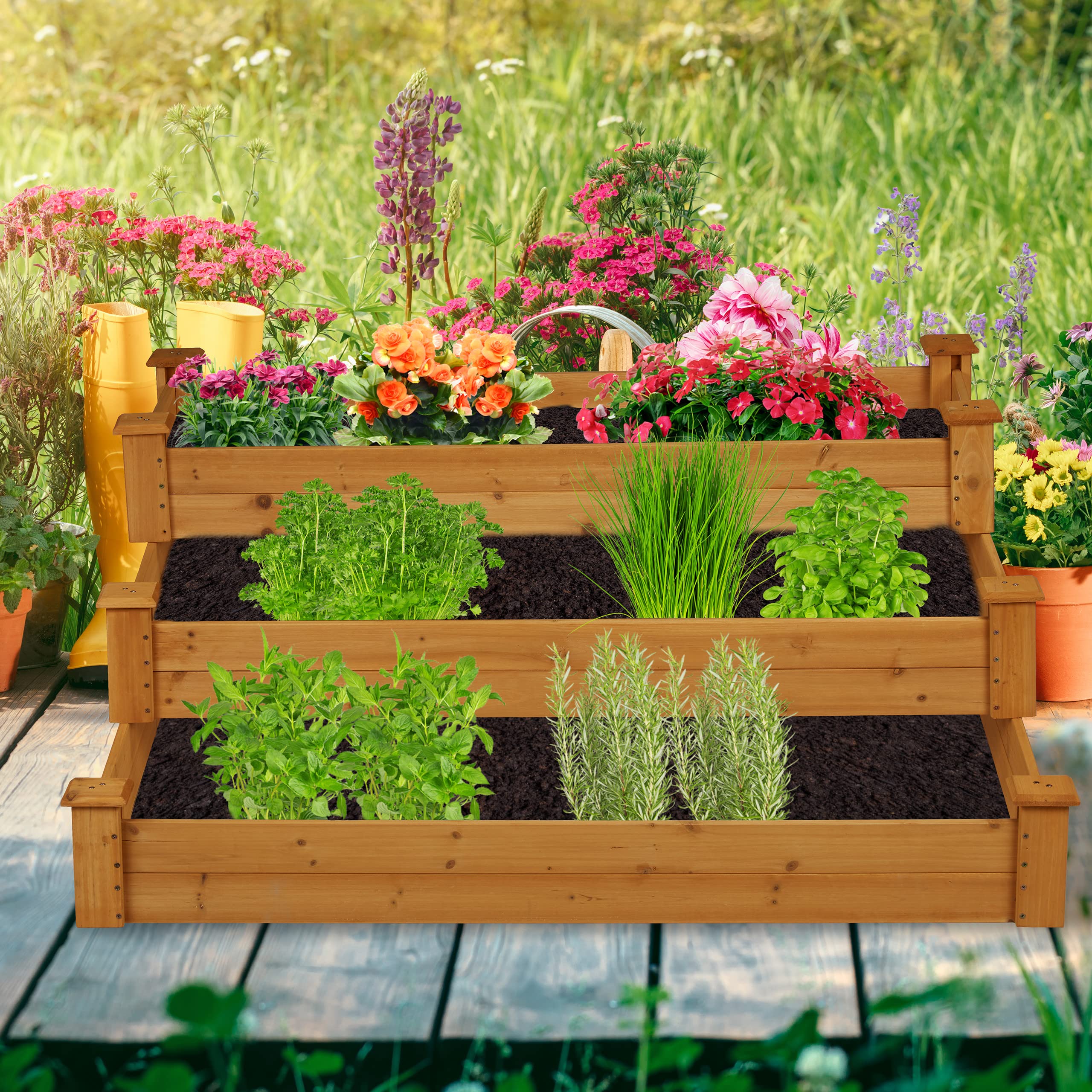 Relaxdays Carré Potager 3 Niveaux, jardinière en escalier, HLP : 46x122x122 cm, Sapin, Parterre Jardin, terrasse, Nature