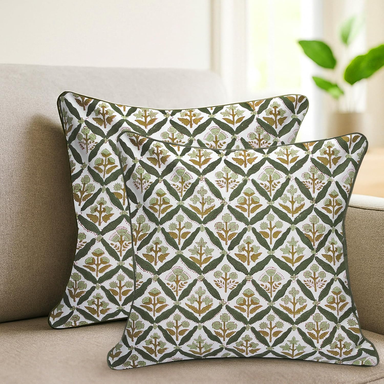 SheetKart Pure Cotton Throw Pillow Covers - Set of 2 - Hand Block Pure Cotton Printed Boho Decorative Pillow Covers - Cushion Covers for Living Room, Bohemian Theme, 16 x 16 Inches, Lavender Whisper