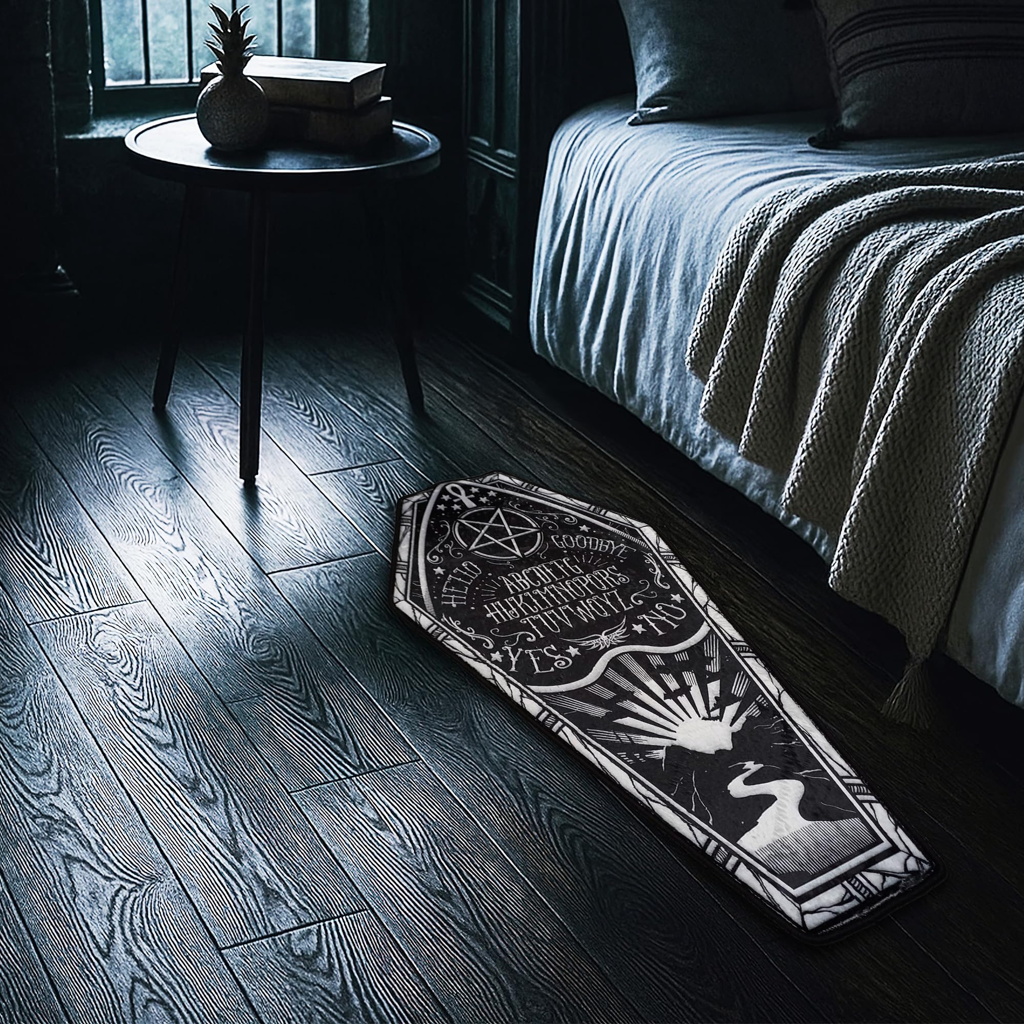 Lumirug Coffin Shaped Plush Rug Gothic Tattoo Style Floor Mat Alternative Halloween Decor Nonslip Machine Washable Soft Accent Carpet 100x200 cm