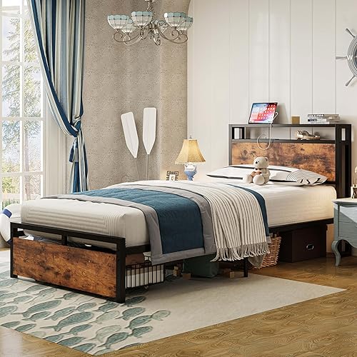 Miniatura 59 de LIKIMIO Base de cama individual con cajón, cabecera de almacenamiento con tomas, no necesita somier, fácil montaje, marrón oscuro Marrón oscuro,Gris