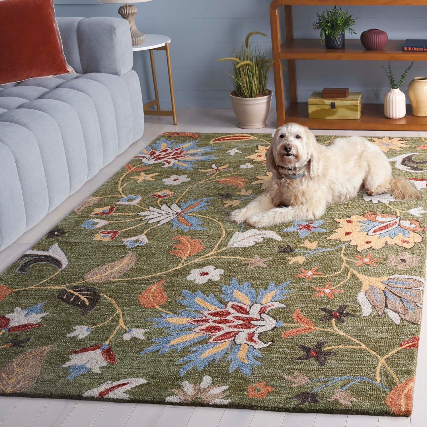 SAFAVIEH Jardin Collection Area Rug - 6' x 9', Green & Blue, Handmade Wool, Floral Design, Ideal for The Living Room, Dining, Bedroom (JAR256Y)