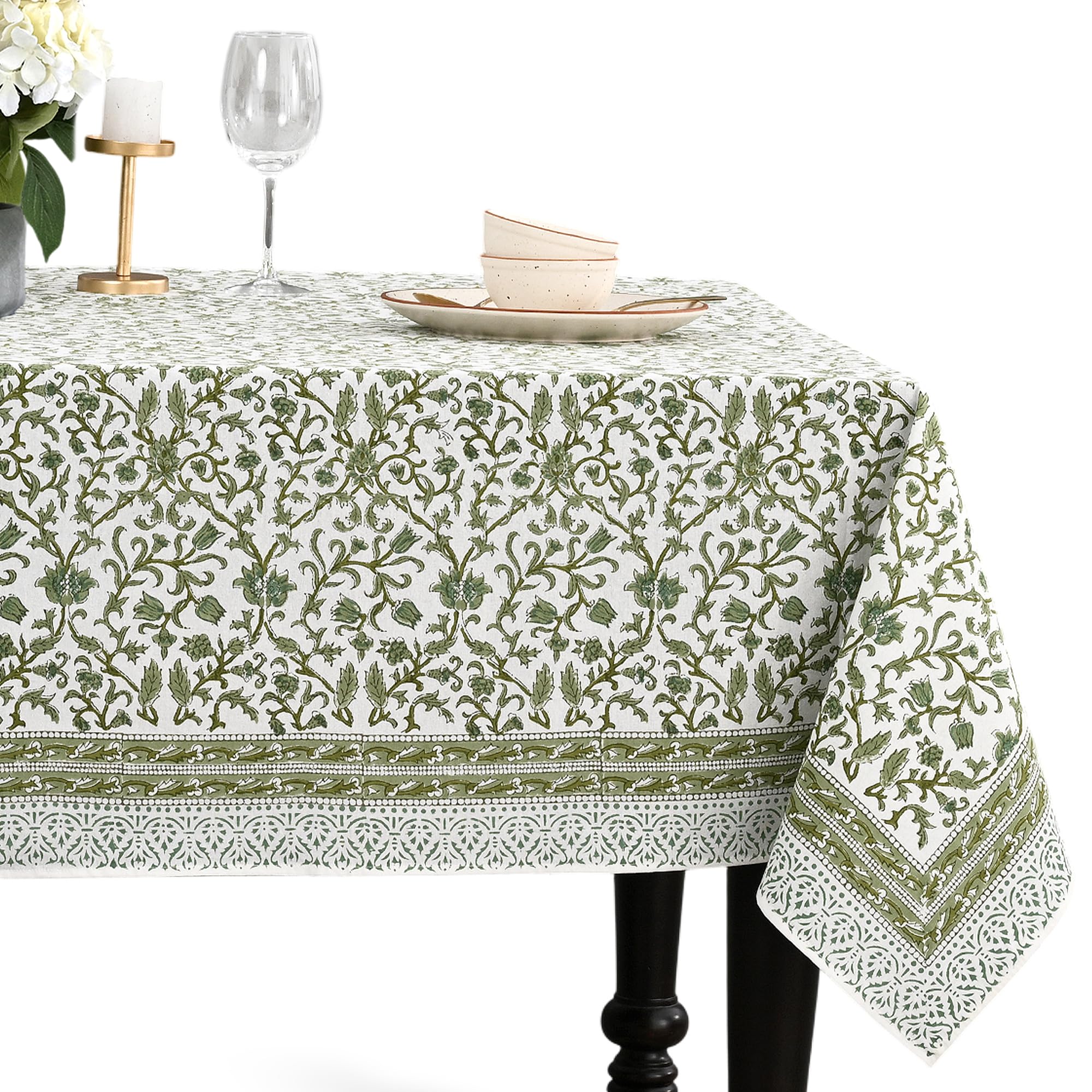 CPC Meadow Vine Block Print 100% Cotton Square Tablecloth 60x120 Inch