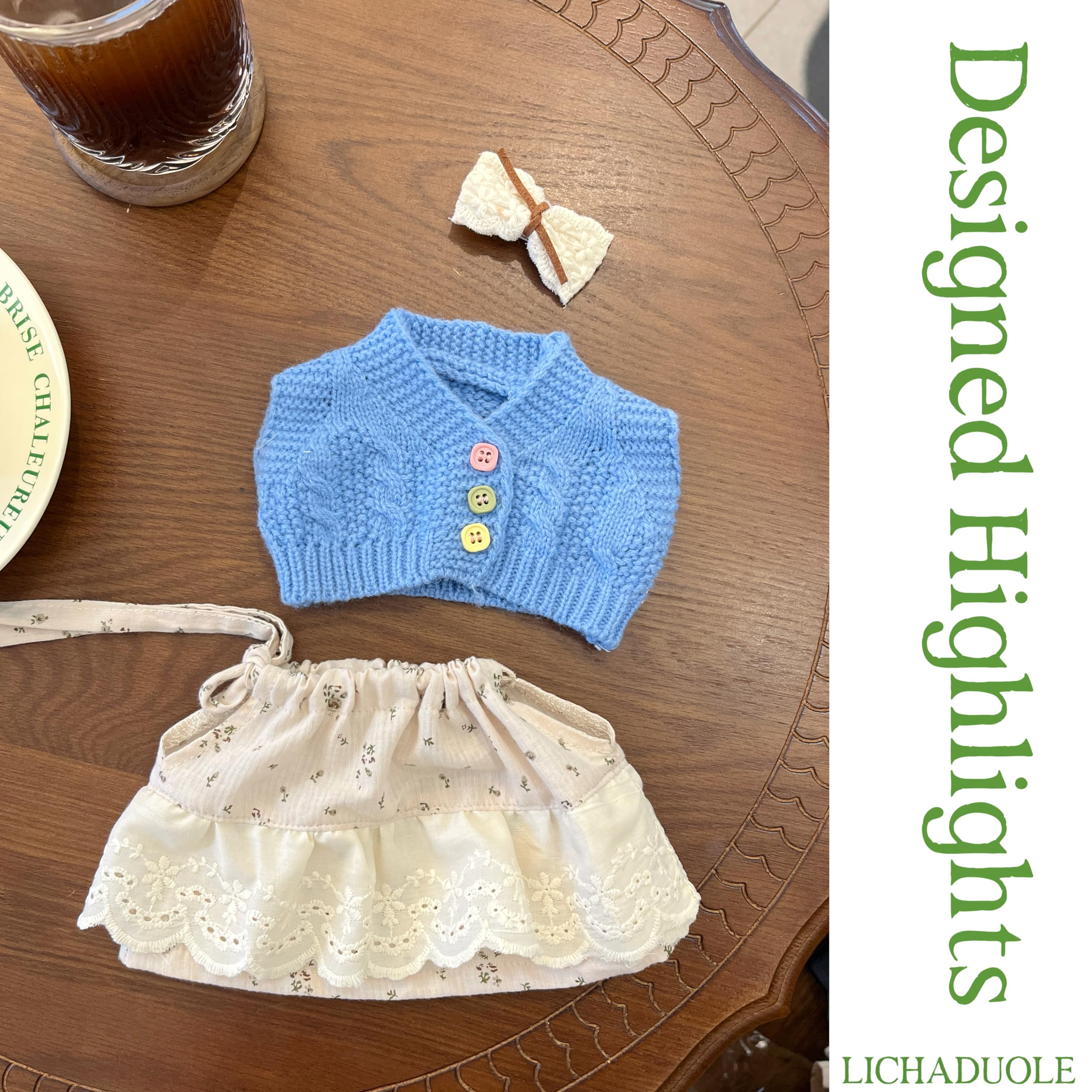 Kleidungsset nur für Plüschtiere (30cm Kleidung teddybär) Blaue Strickjacke Blumenkleid Spitzenclip,Passend für 28cm Hoppie Hase mit Schlappohren Honey Teddybär(Teddybär Nicht enthalten)