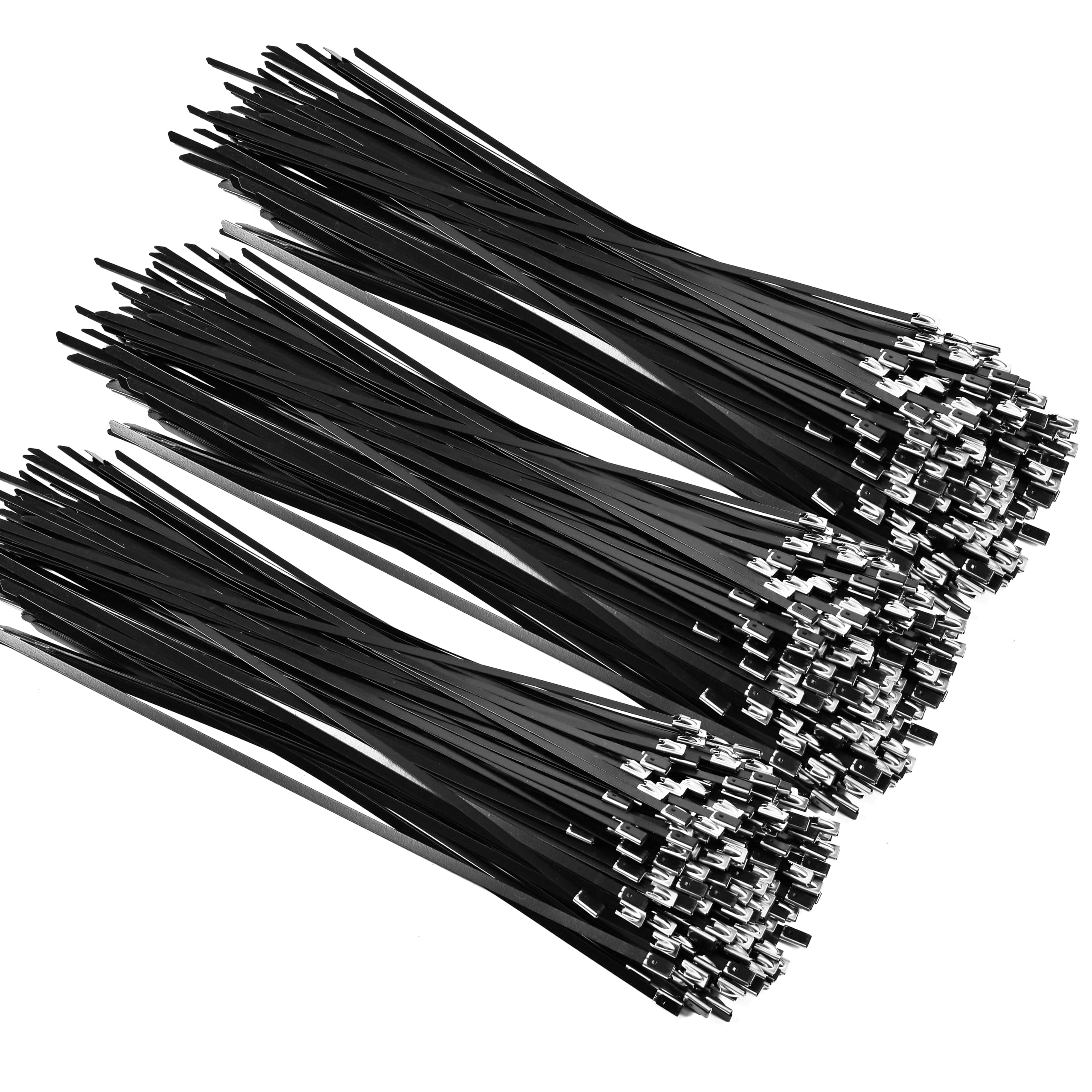 Confezione da 110 fascette in metallo (30,5 cm + 45,7 cm + 61 cm), in acciaio inossidabile 304, resistenti fino a 136 kg, colore nero, fascette autobloccanti per avvolgimento di scarico