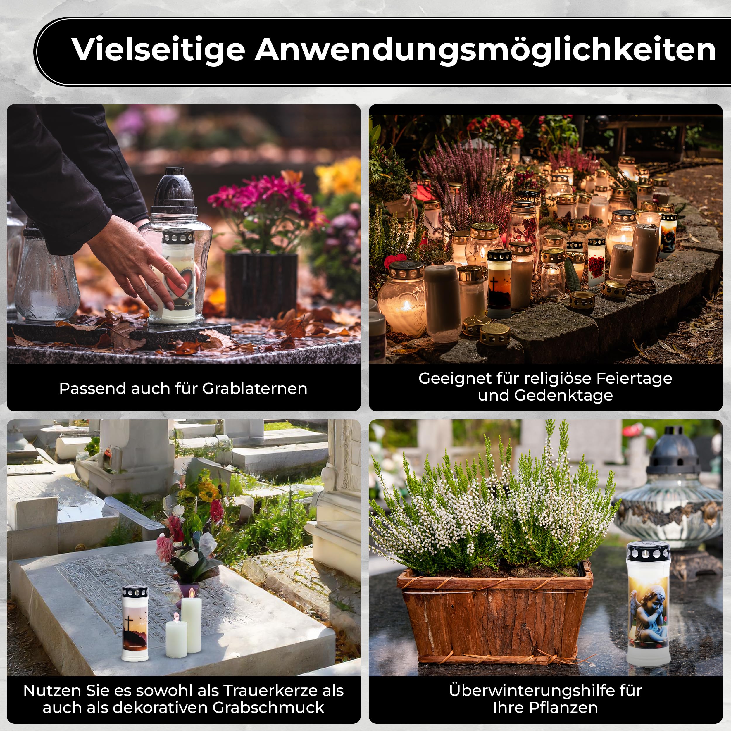 12er Set EMILAS GRABKERZEN 7 Tage Brenndauer – Trauerkerzen für ein stilvolles Grabdeko – Grabschmuck mit 5 Motiven – Grablichter mit Deckel – Friedhofskerze für Ruhestätten