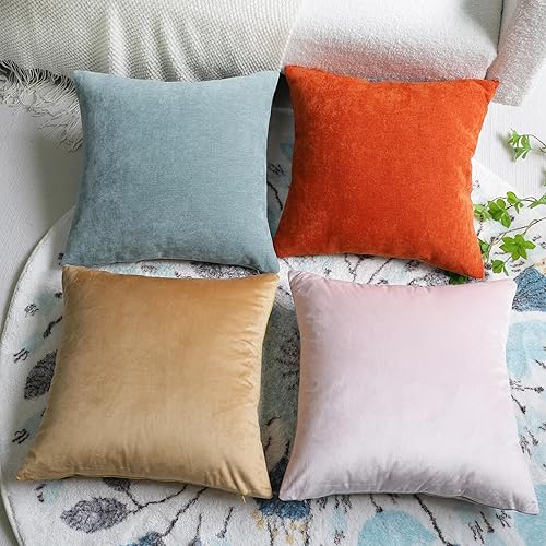 Juego de 4 fundas de almohada decorativas de 18 x 18 pulgadas, terciopelo y felpilla con diseño de doble cara para sala de estar, sofá y dormitorio,