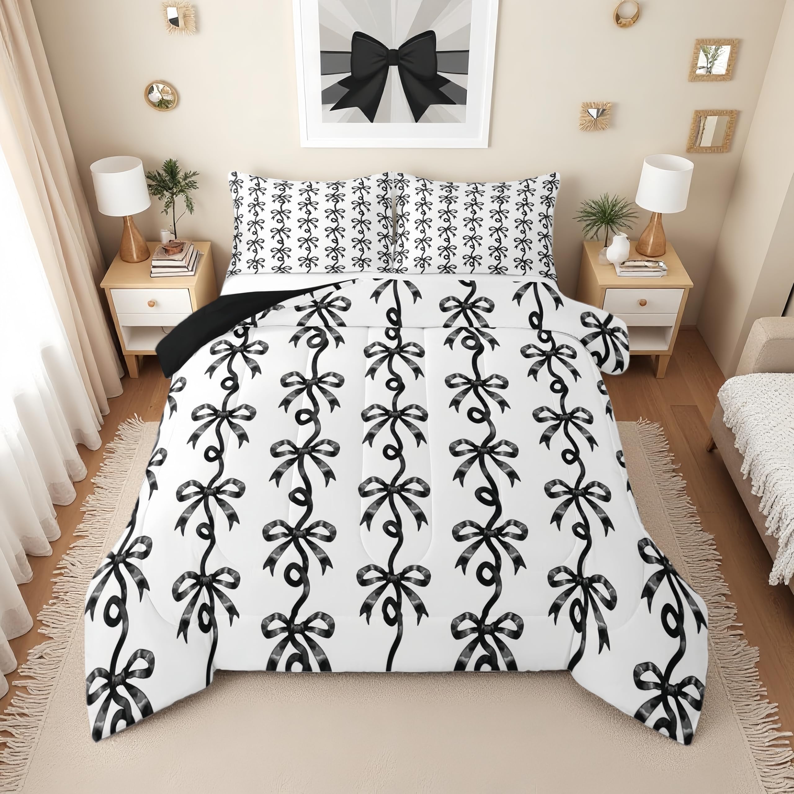 Erosebridal Black Bow Tie Queen Bedding Set | Ribbon Bows Bowtie Comforter Set for Girls Kids Women, Girly Princess Bow Knot Quilt, Cute Coquette Bowknot Bedroom Decor, 2 Pillowcases