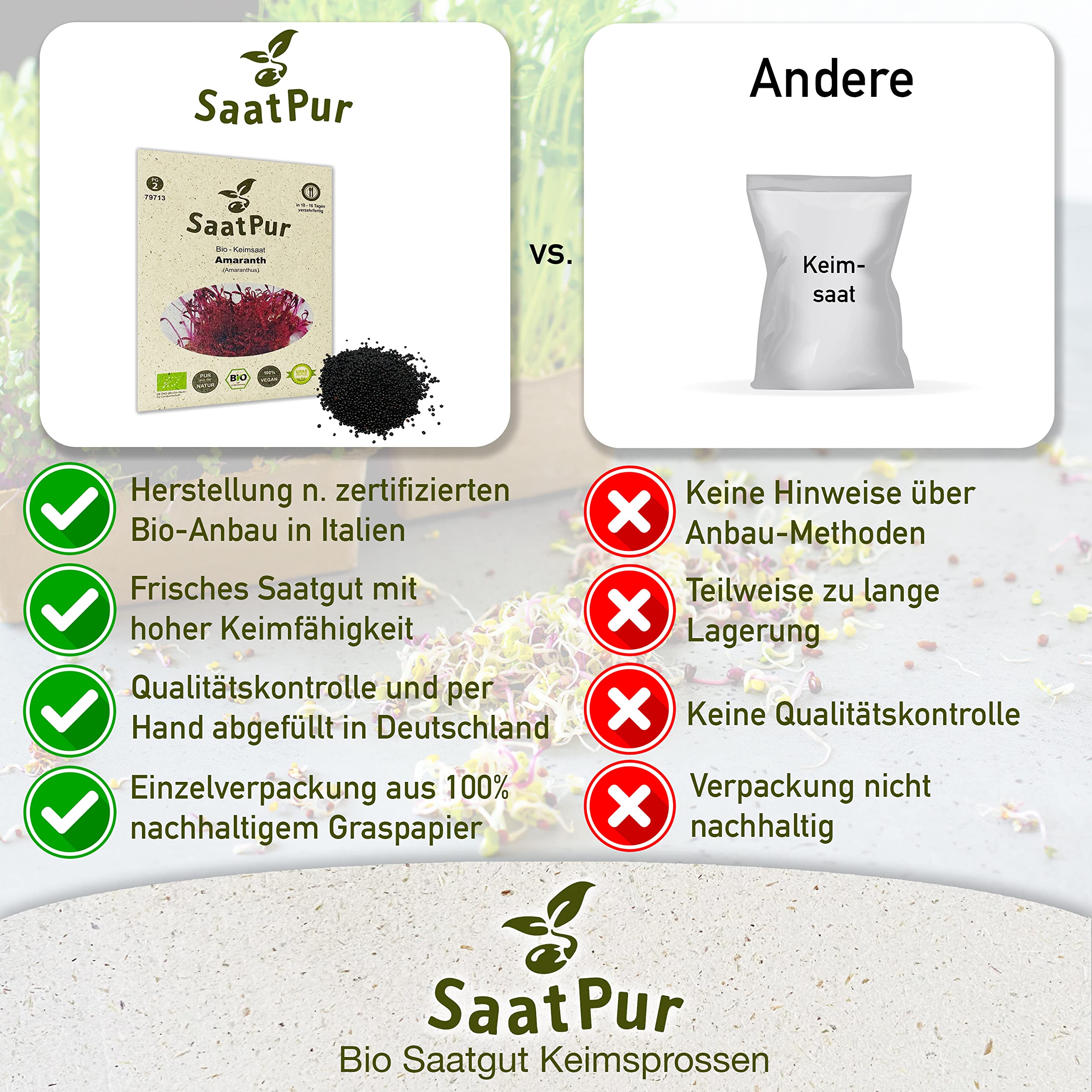 Amarath BIO Keimsprossen von SaatPur - Keimsaat für die Sprossenzucht zuhause - Großes Tray mit 120 Portionstüten je 10g