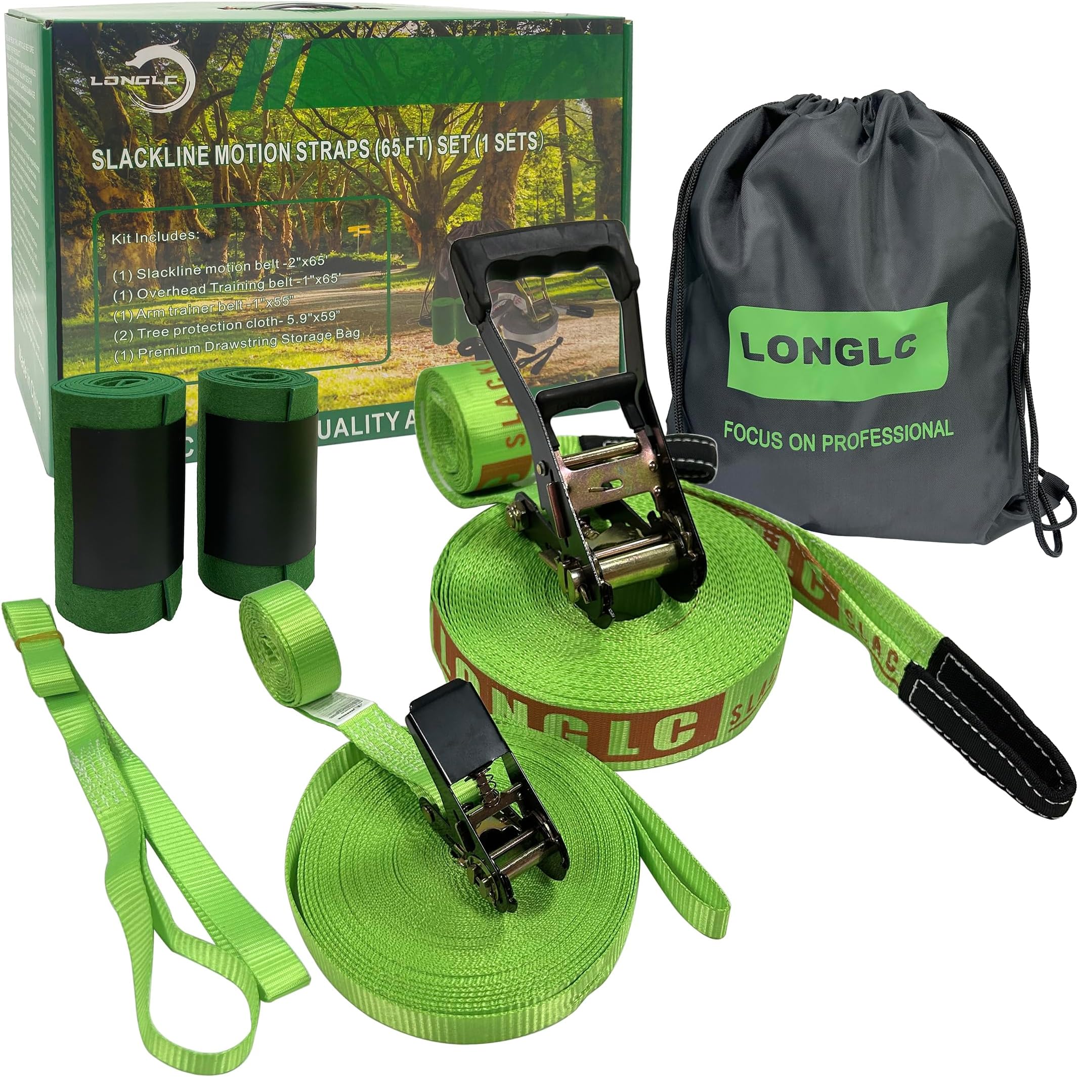 Slackline Green Kit/Longer 57 ft Line with Training Line/Tree Protectors,Arm Trainervand Carry Bag/Tight Rope Slack Lines for Backyard/Children, Adults