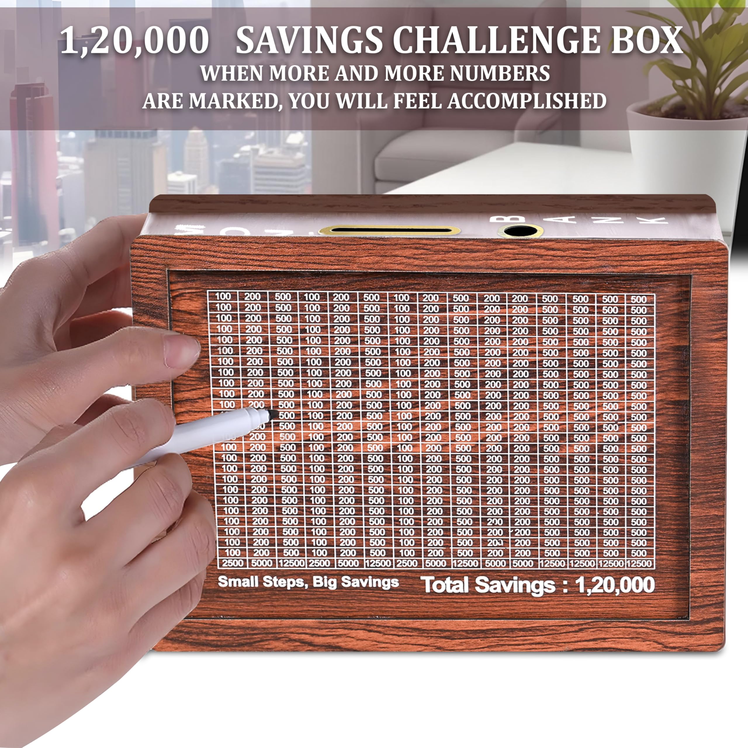 WONDER HUB 1,20,000 Challenge Wooden Piggy Bank for Money Saving MINI Bank for Kids & Adults Money Saving Box Coin Box 2